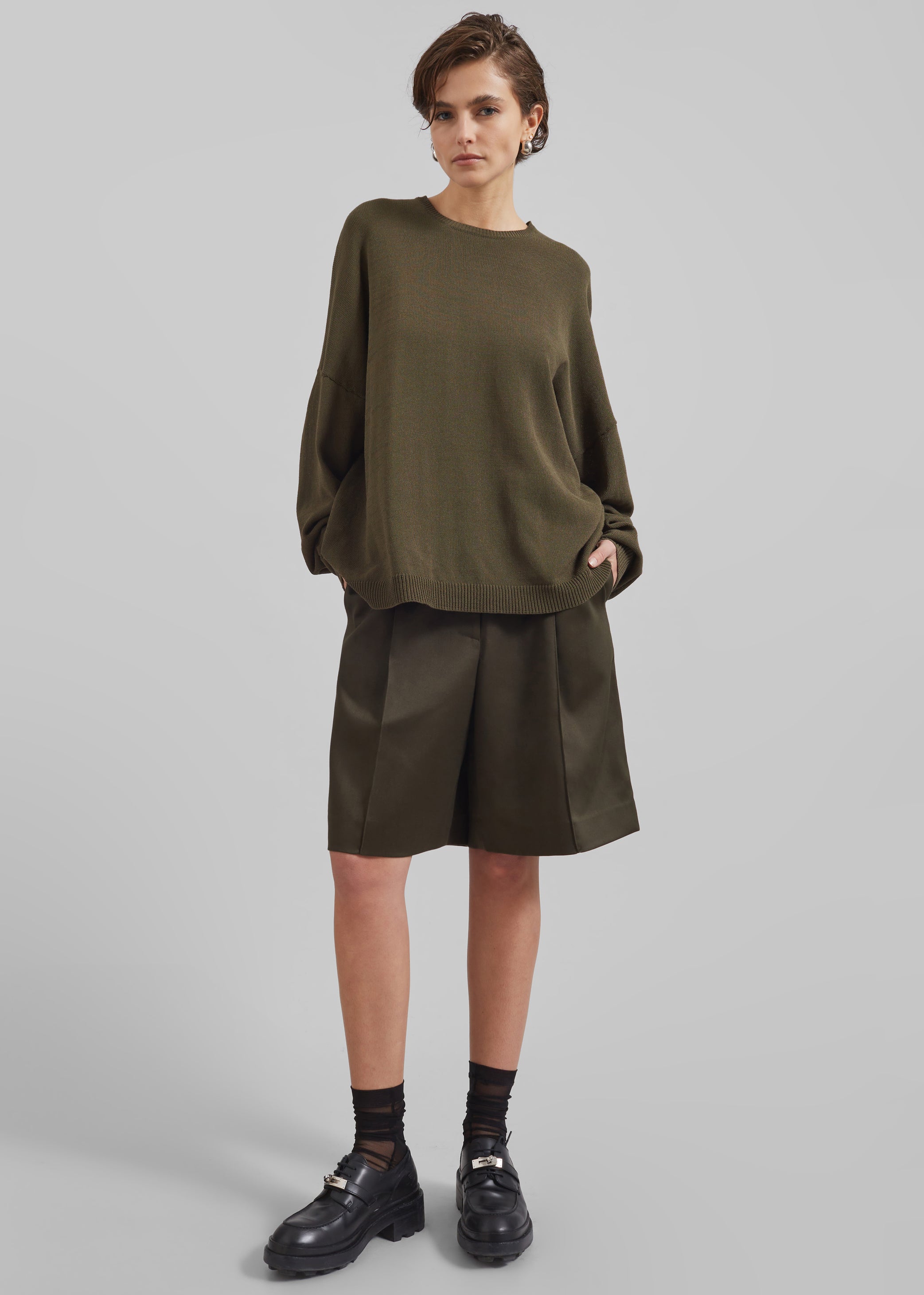 Shop the look image for Marfa Pleated Silk Bermuda Shorts - Khaki