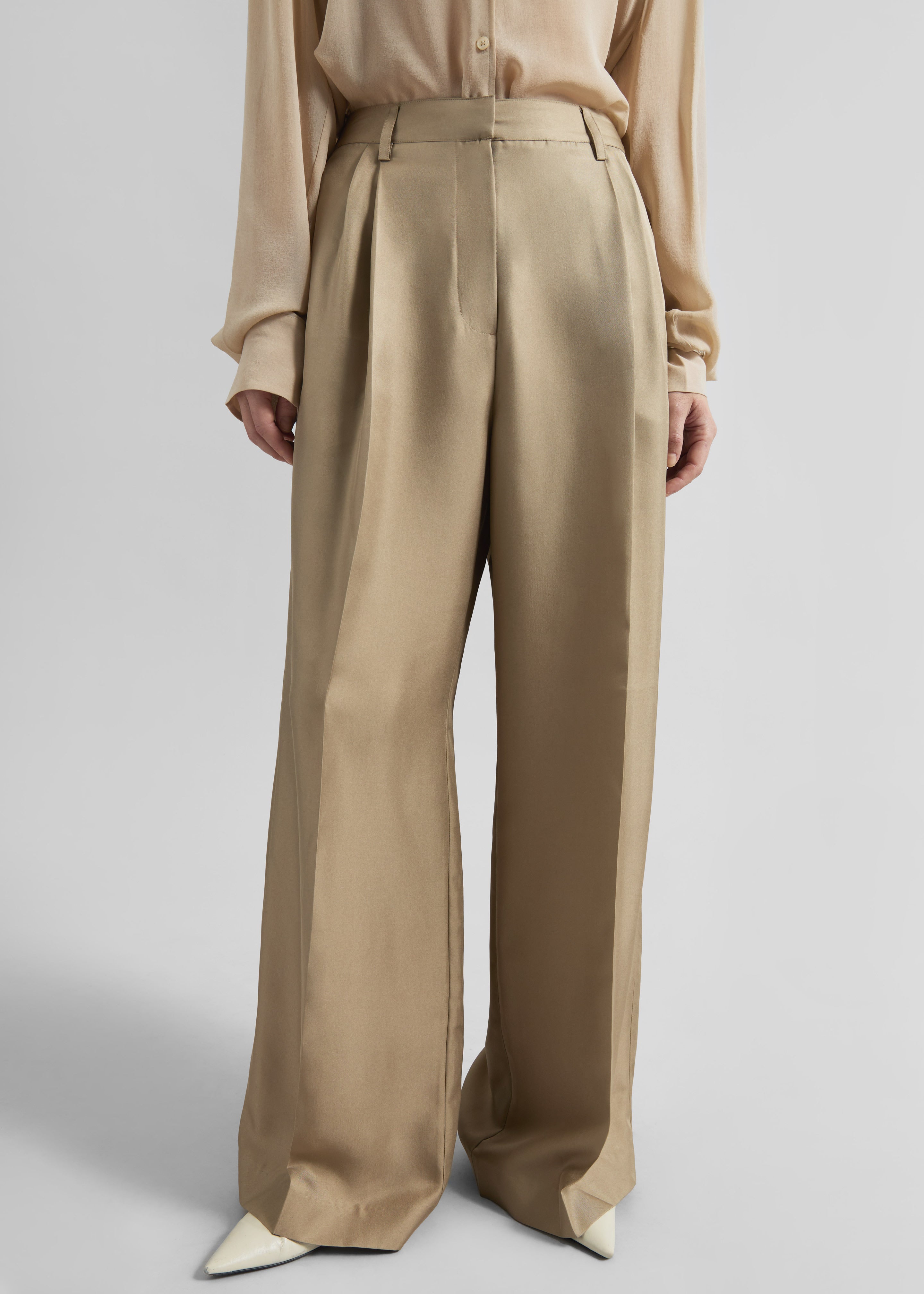 Marfa Pleated Silk Trousers - Beige - 1