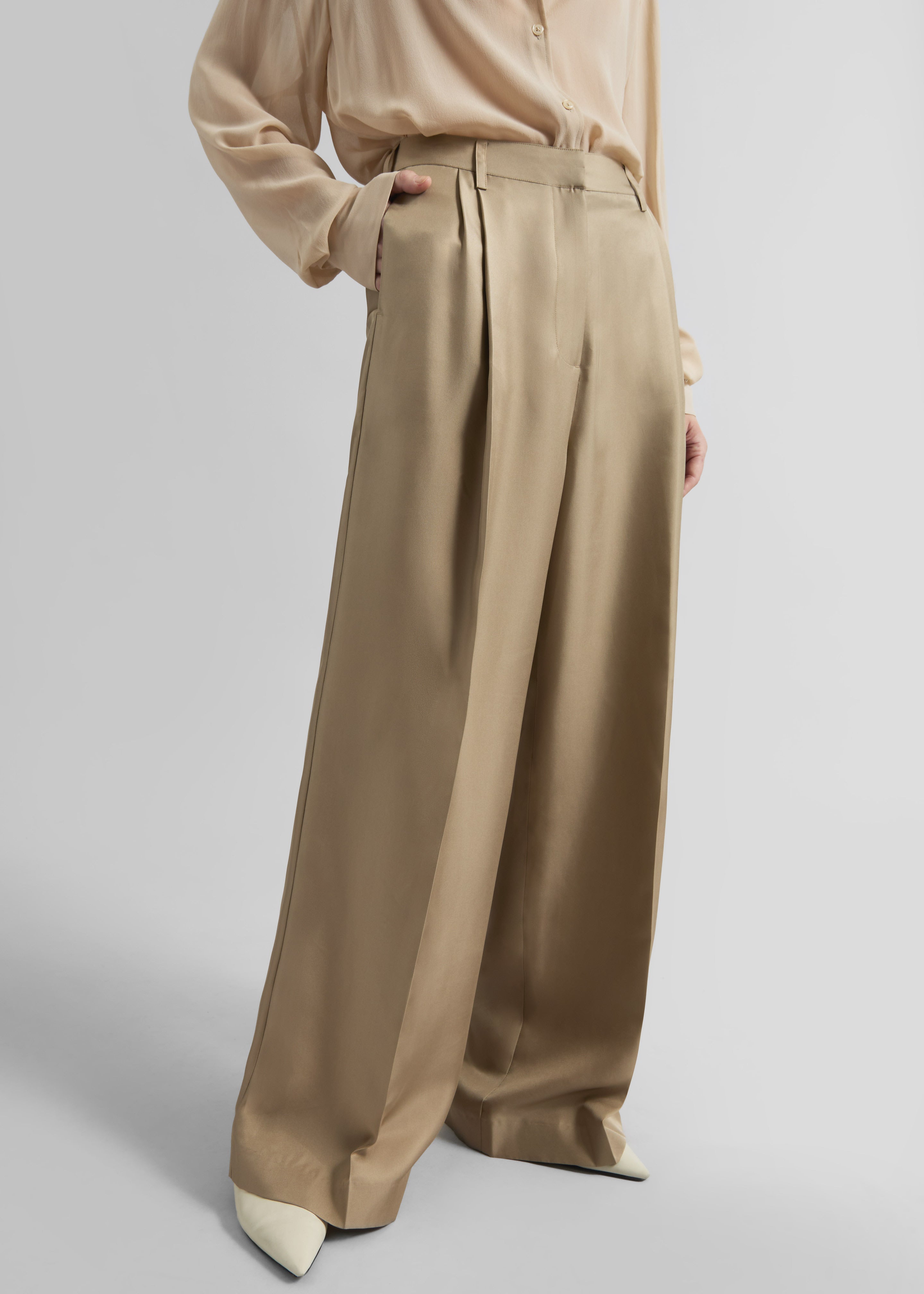 Marfa Pleated Silk Trousers - Beige - 2