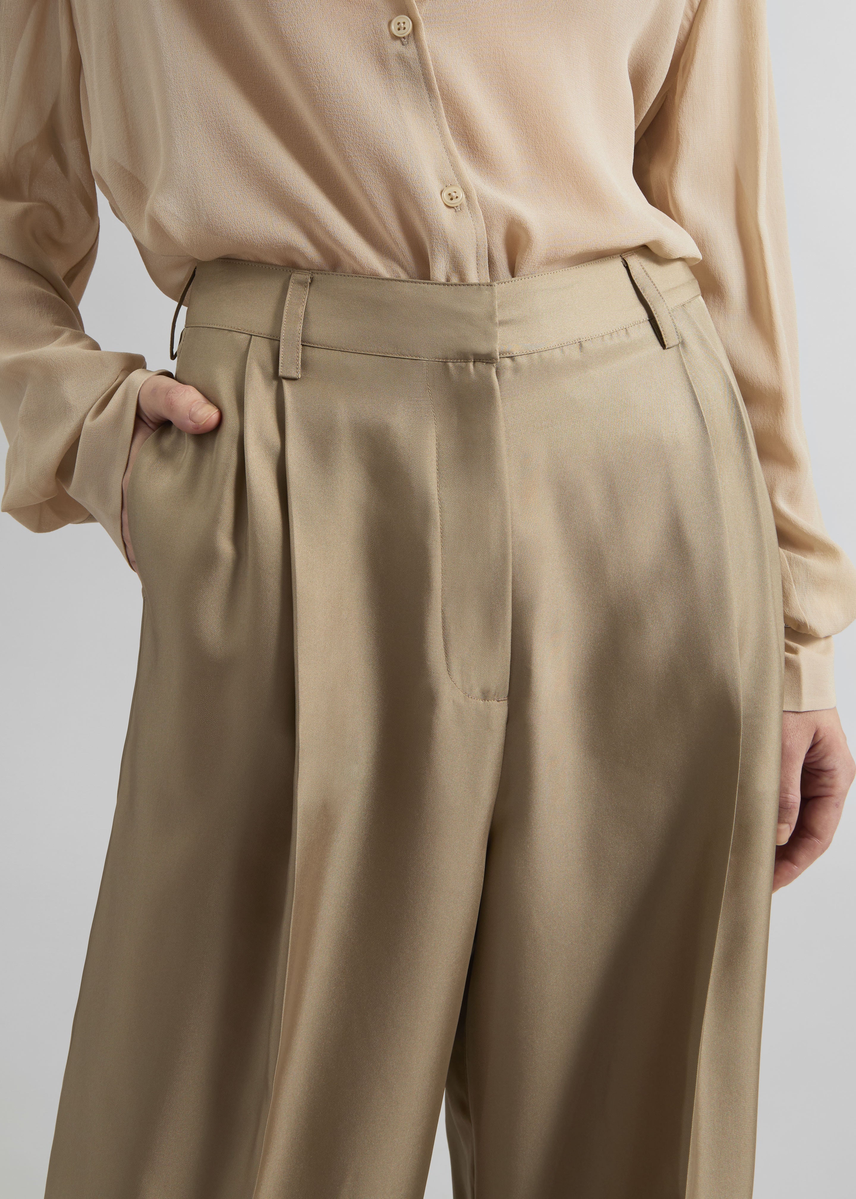 Marfa Pleated Silk Trousers - Beige - 3