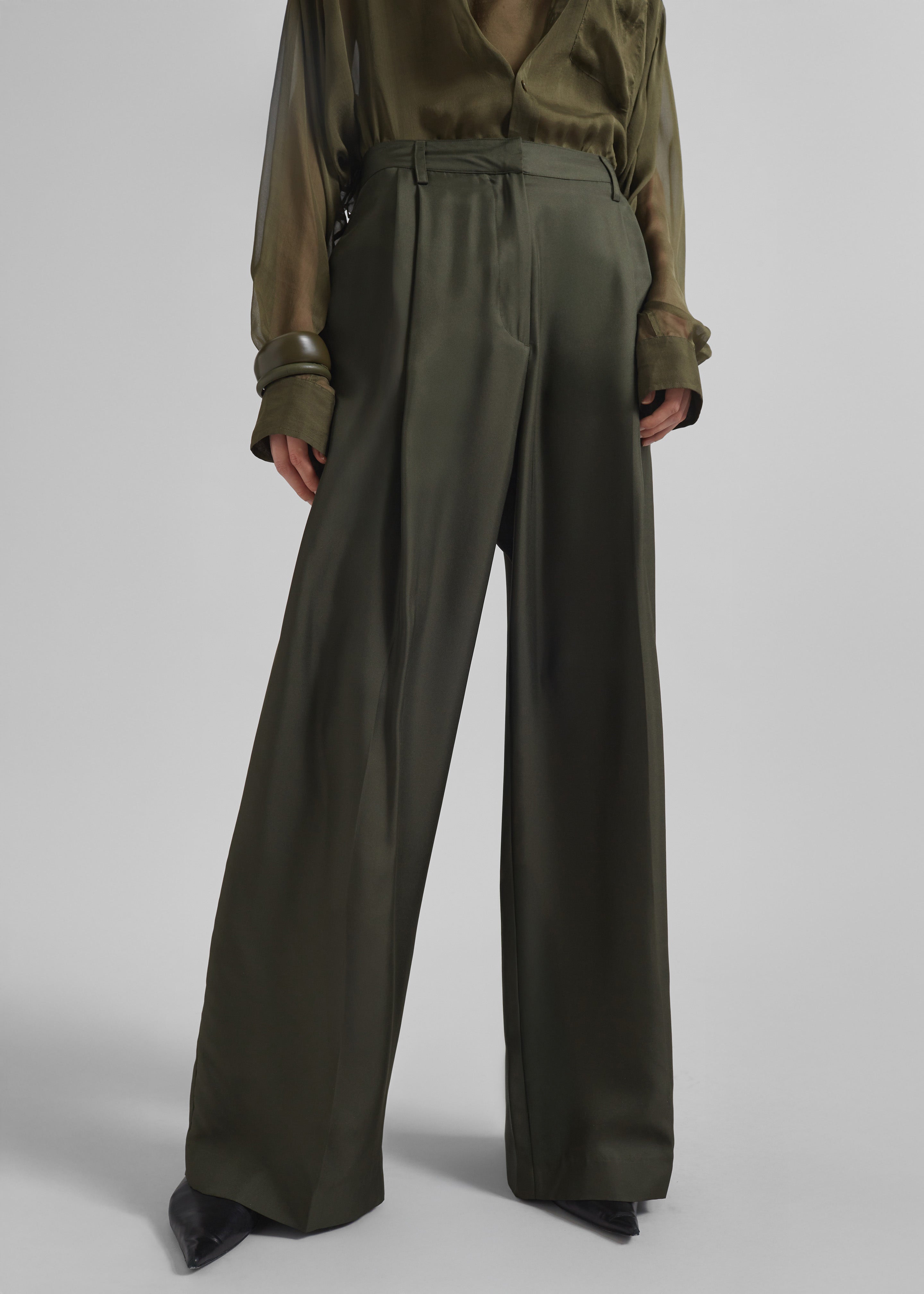 Marfa Pleated Silk Trousers - Khaki - 2
