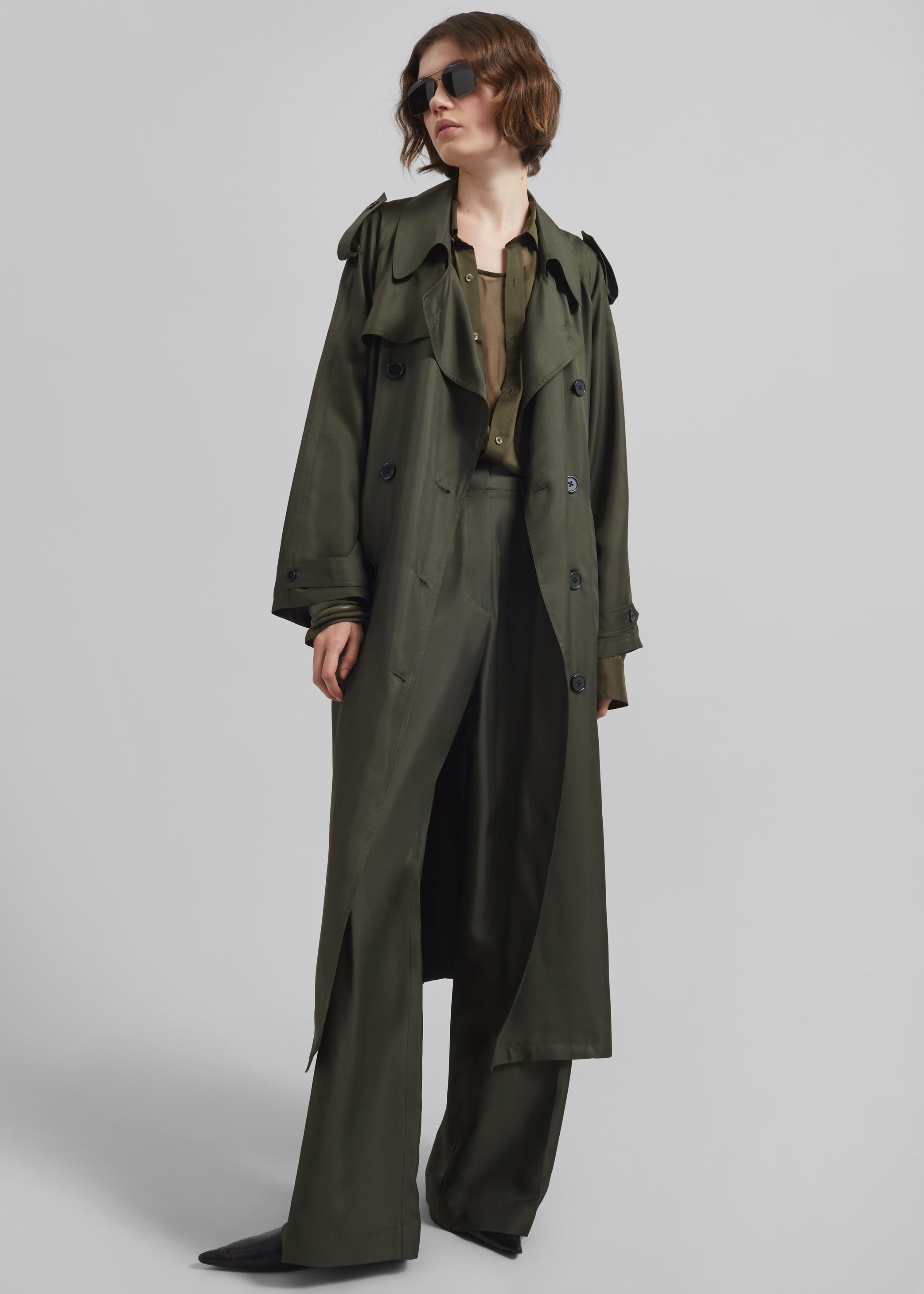Shop the look image for Marfa Pleated Silk Trousers - Khaki