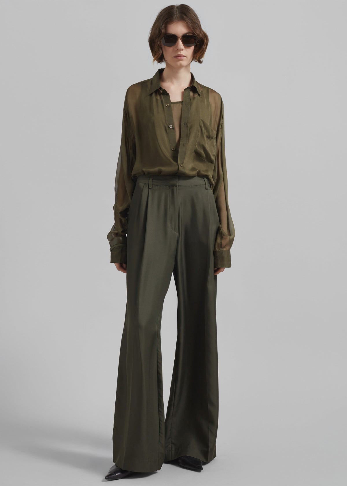 Marfa Pleated Silk Trousers - Khaki - 1