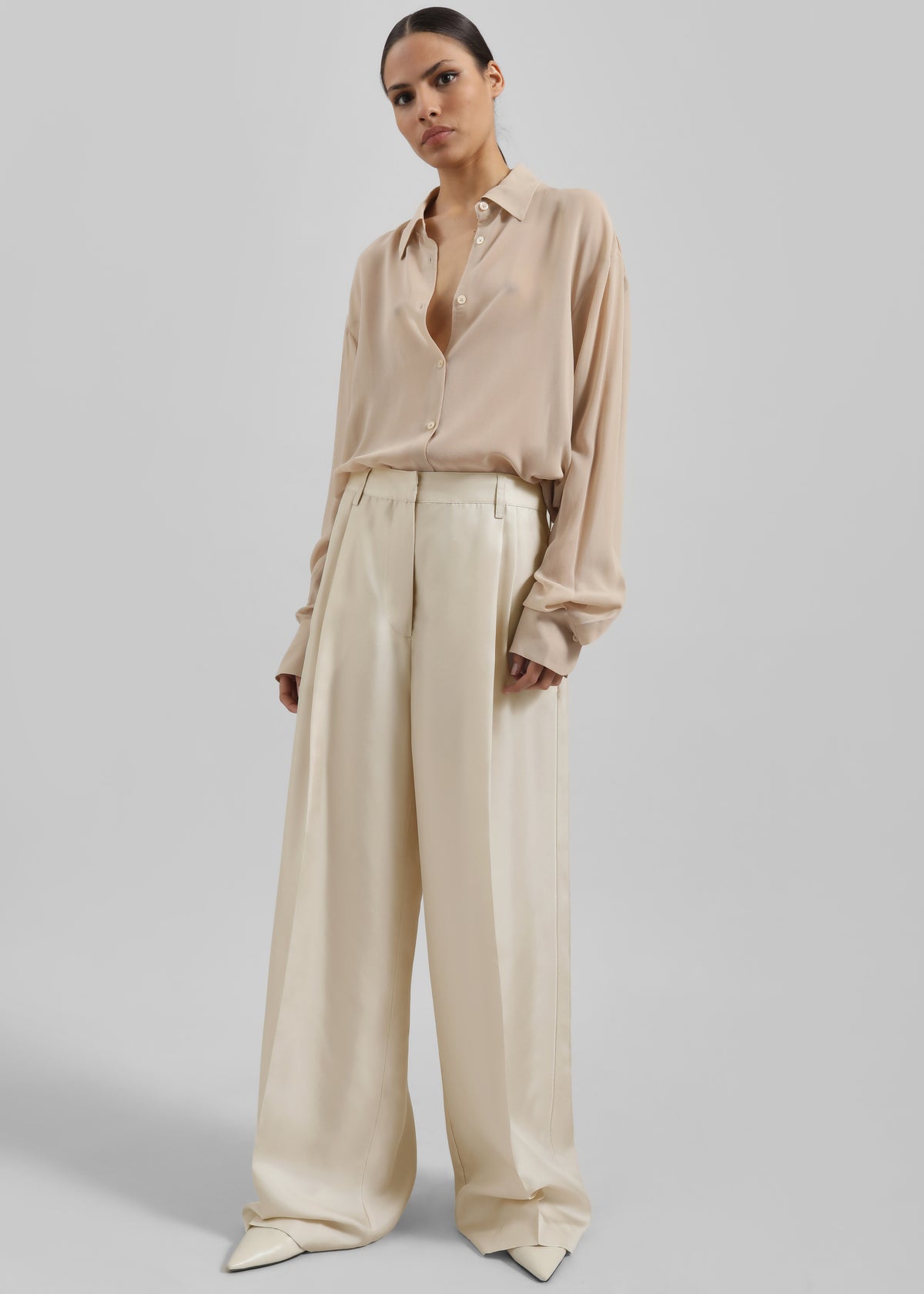 Marfa Pleated Silk Trousers - Light Beige - 2