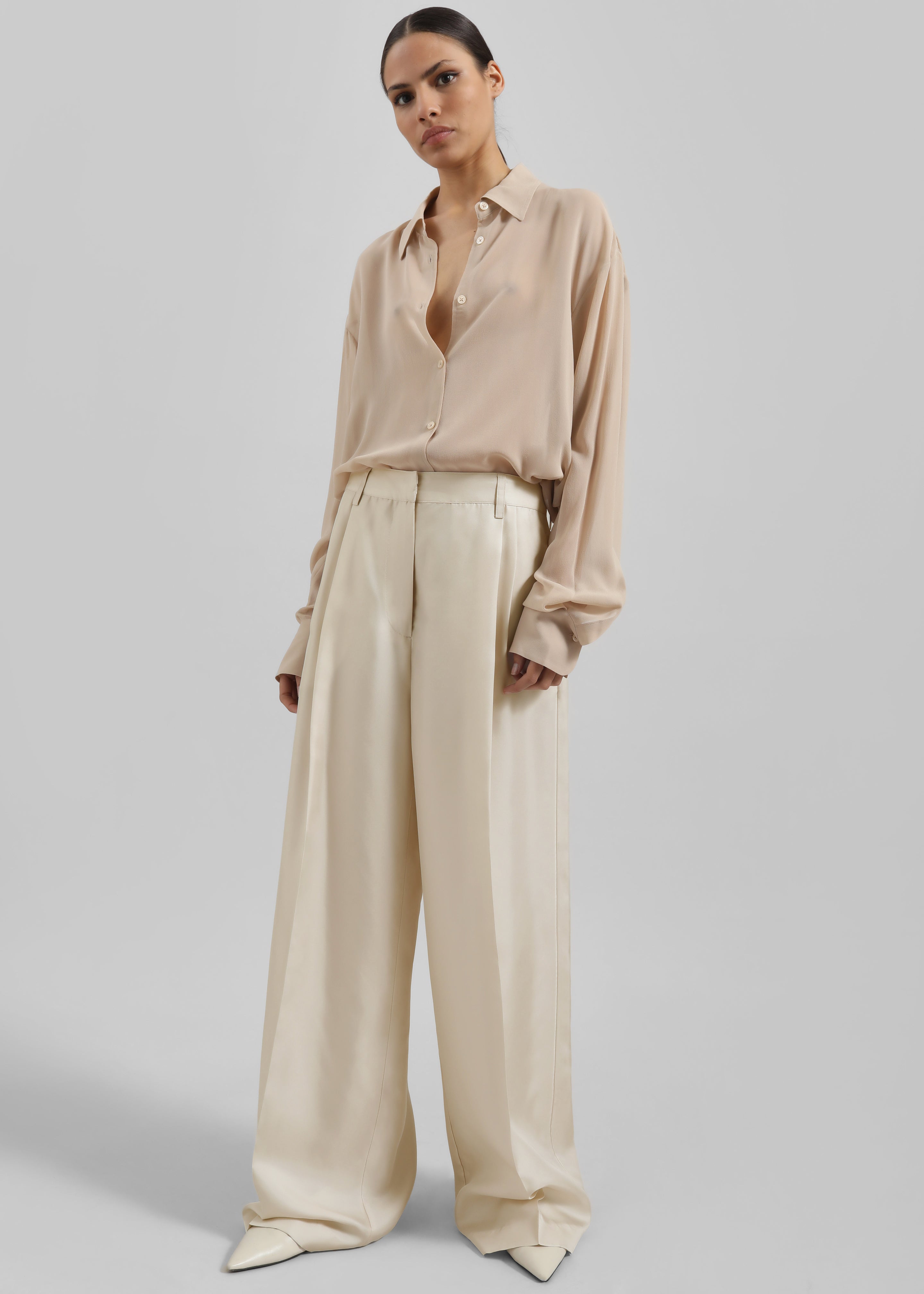 Marfa Pleated Silk Trousers - Light Beige - 2