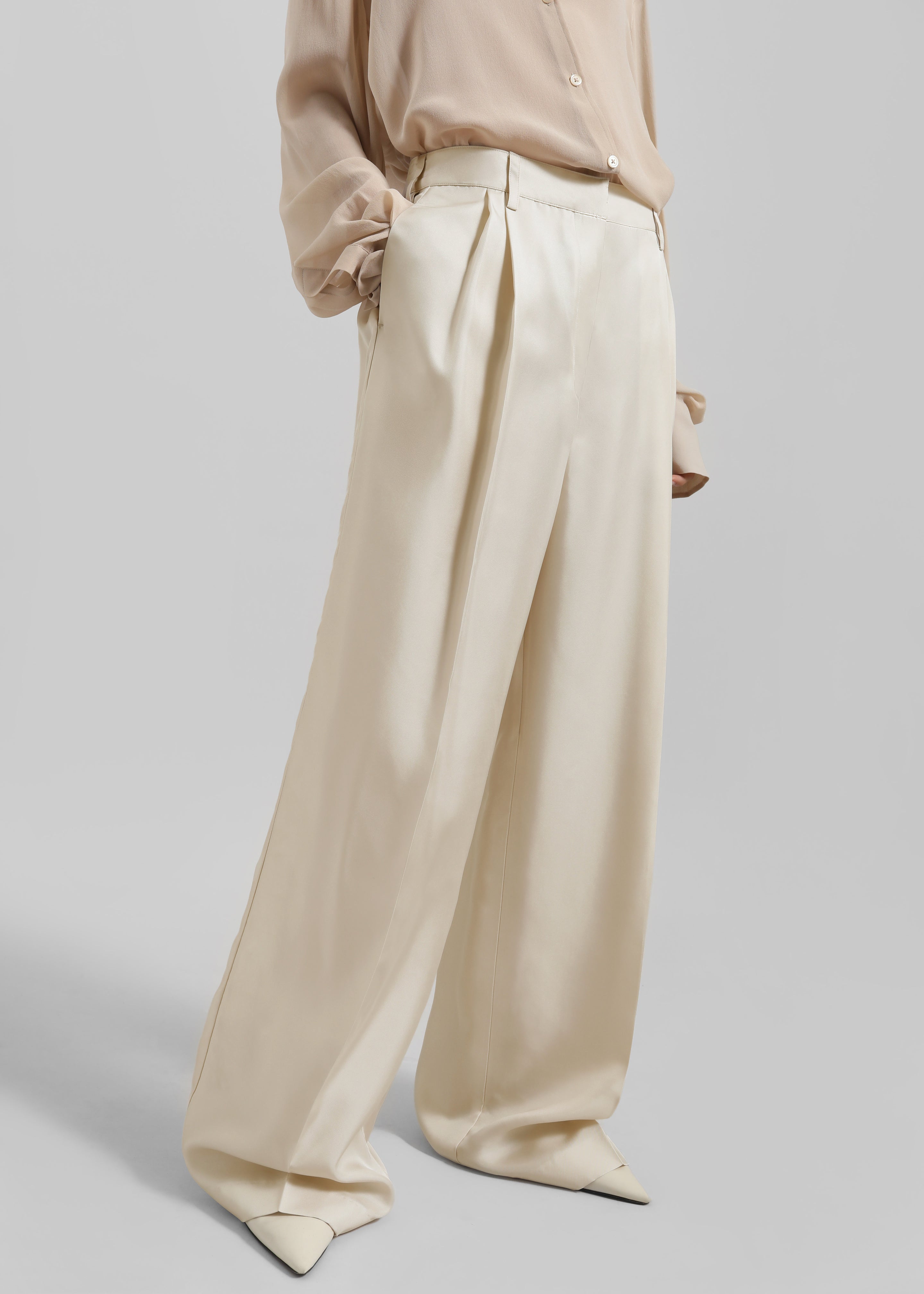 Marfa Pleated Silk Trousers - Light Beige - 1