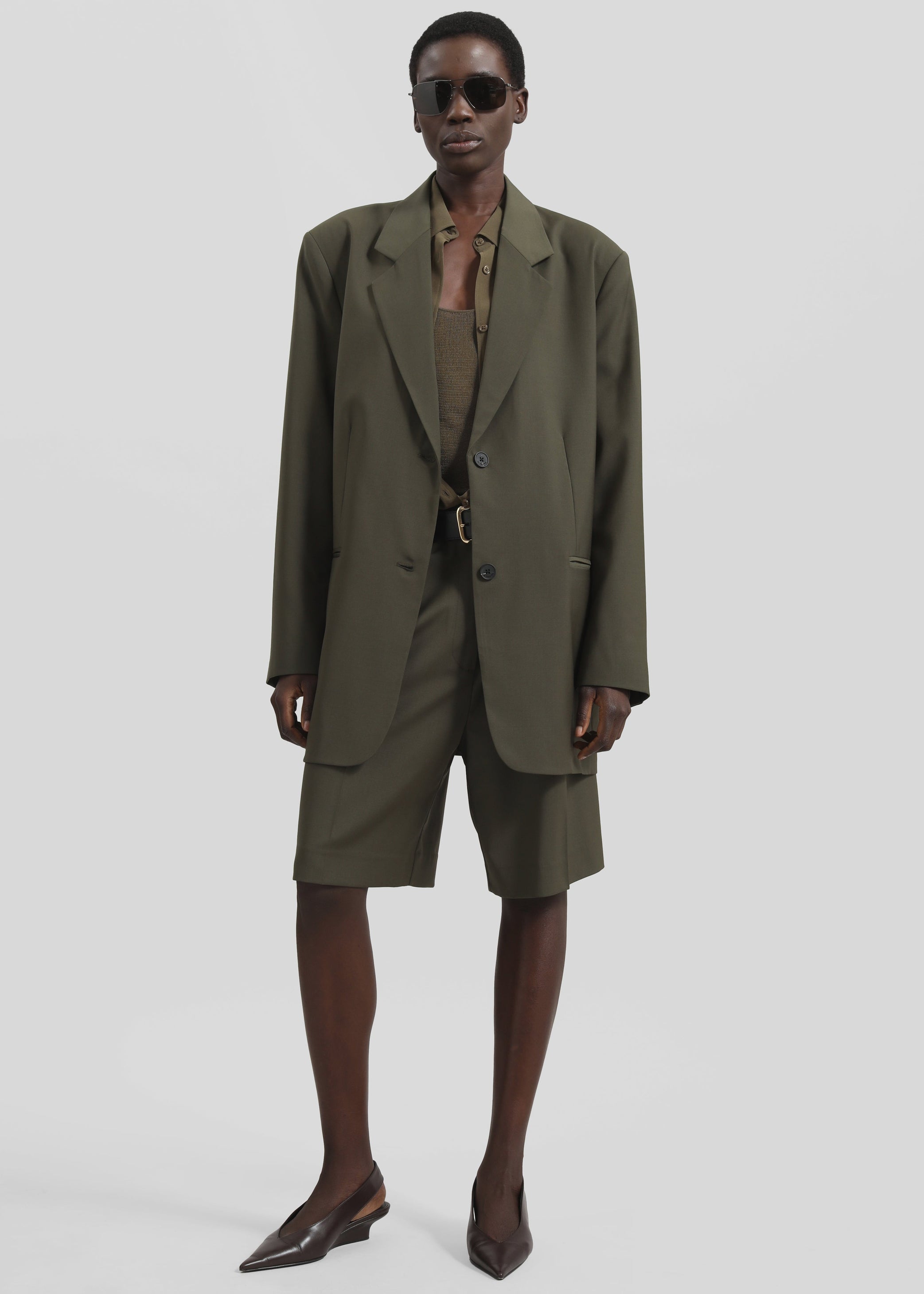Shop the look image for Marfa Pleated Wool Blend Bermuda Shorts - Khaki