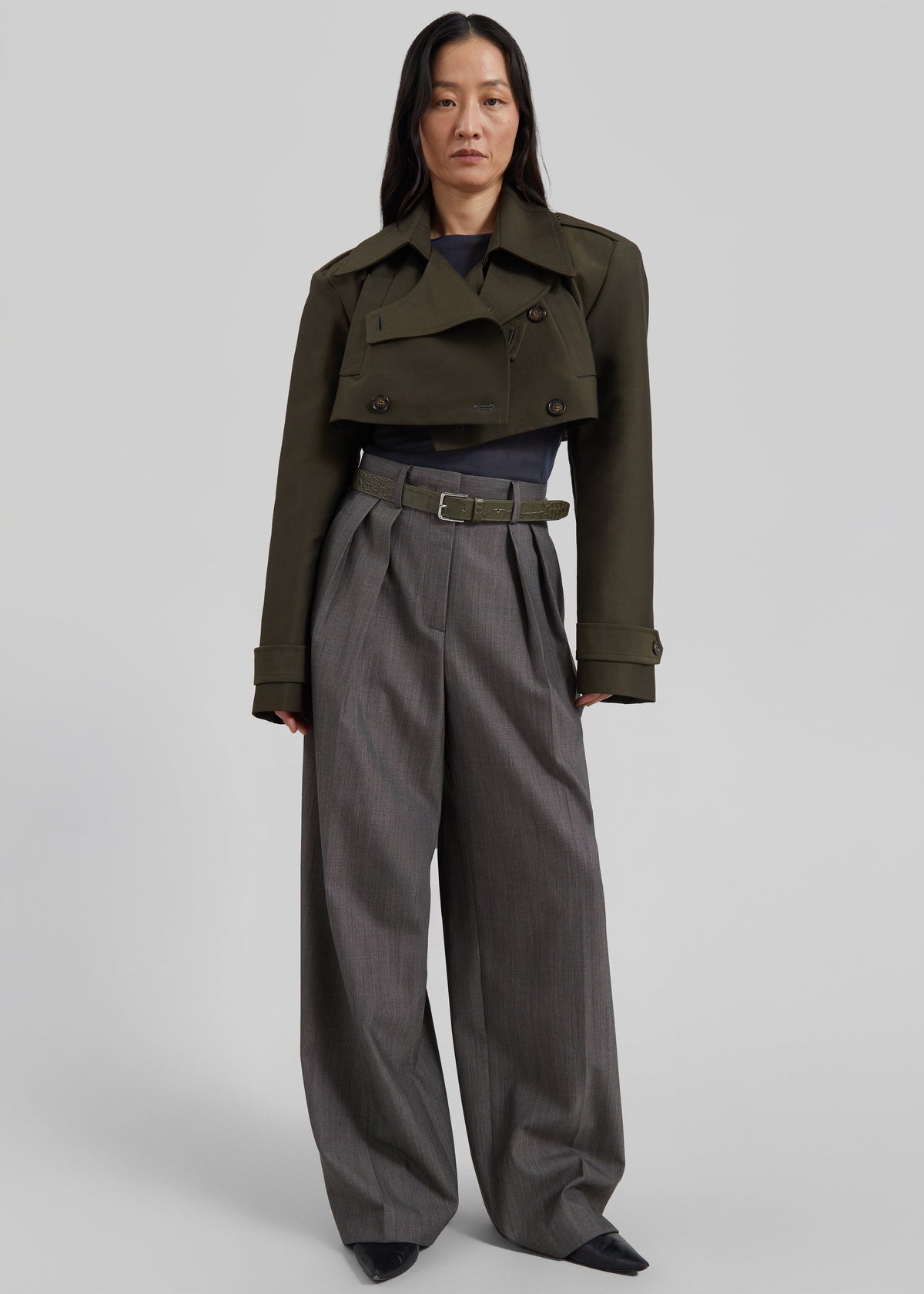 Margy Cropped Trench Coat - Dark Olive