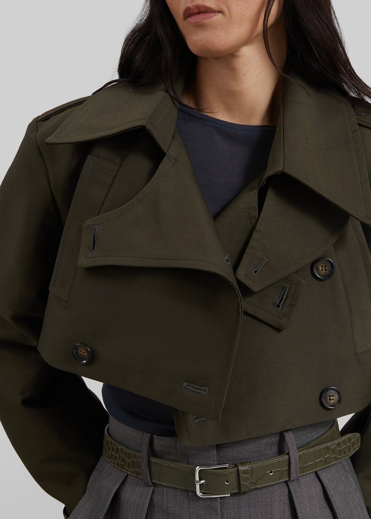 Margy Cropped Trench Coat - Dark Olive