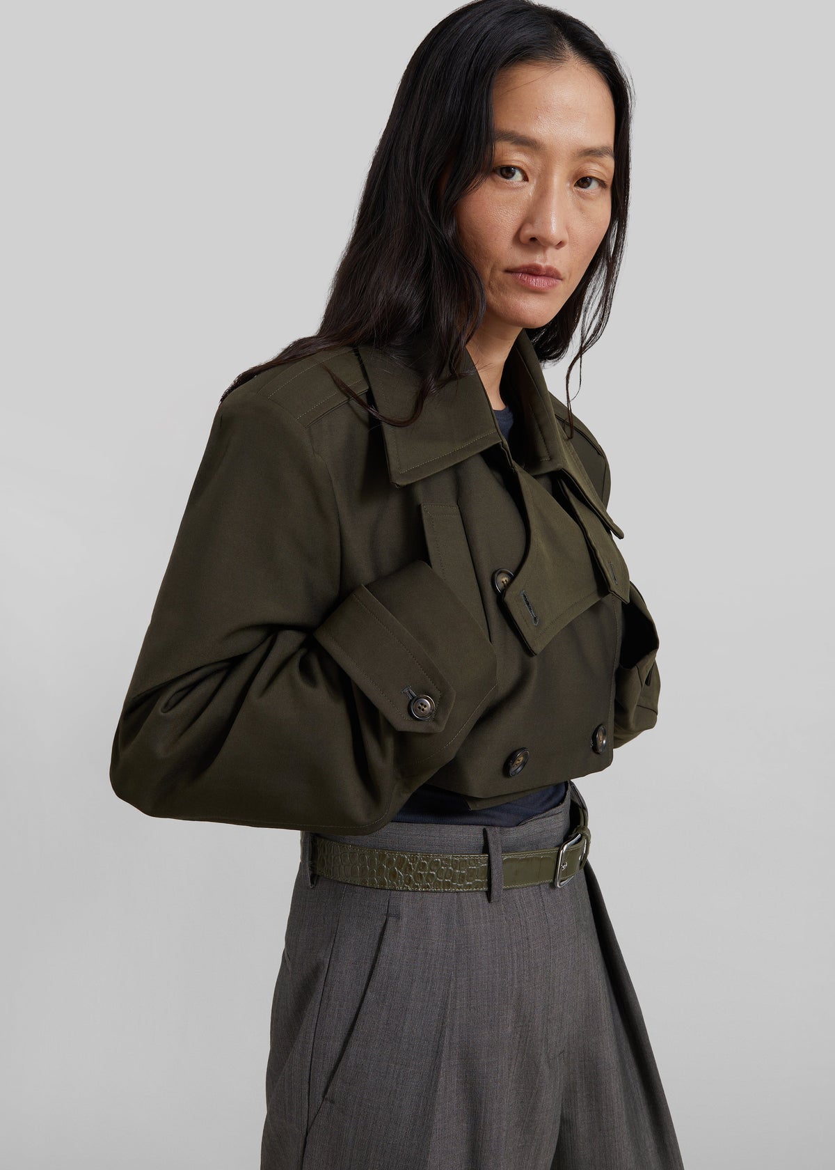 Margy Cropped Trench Coat - Dark Olive