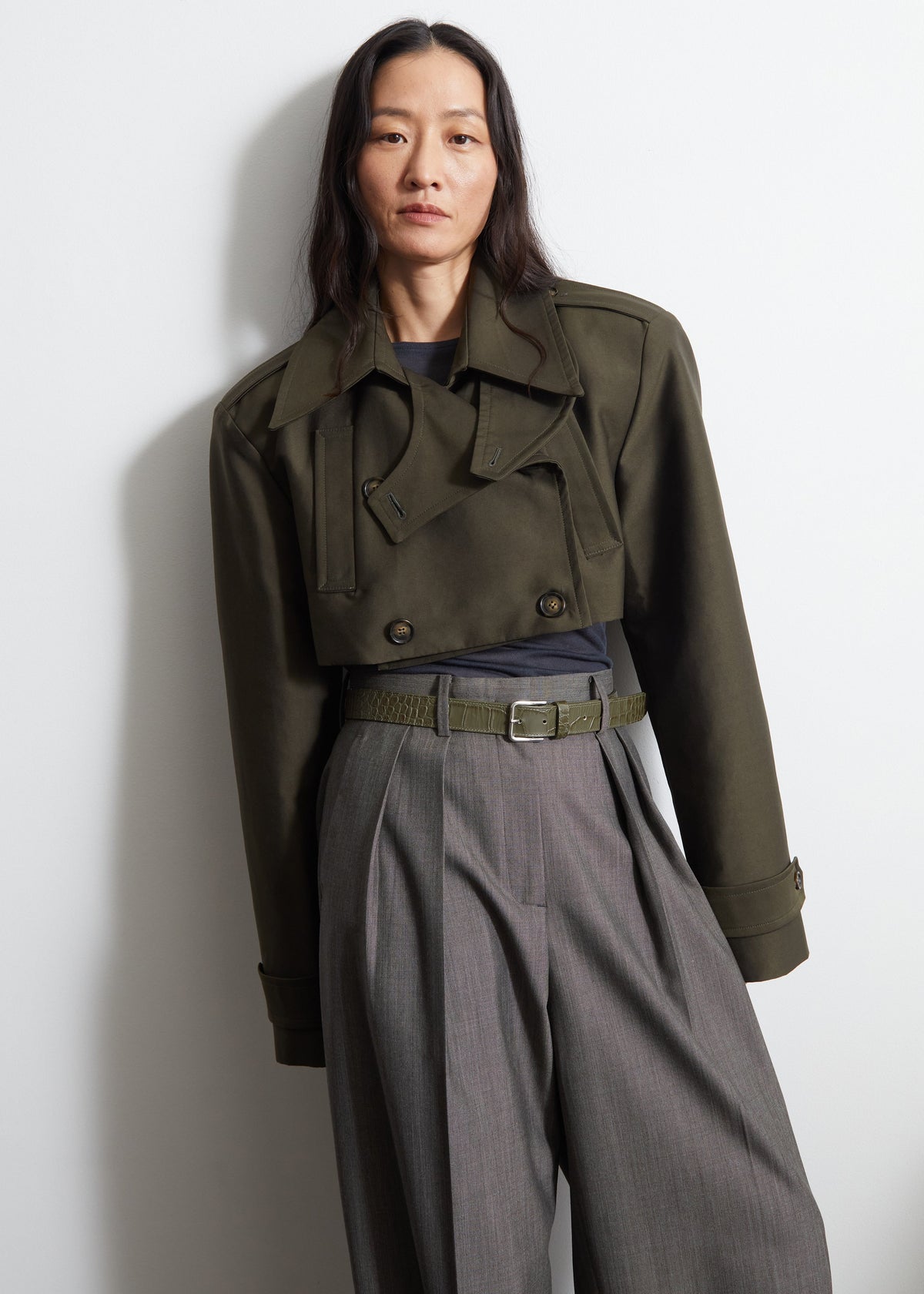 Margy Cropped Trench Coat - Dark Olive