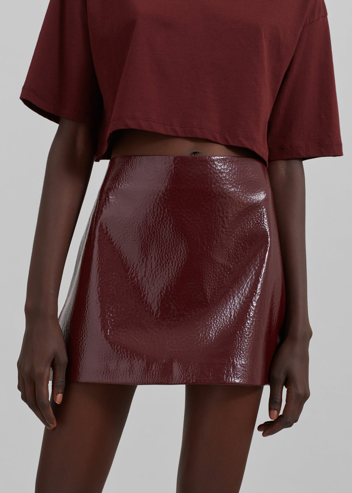 Mary Crackled Faux Leather Mini Skirt - Burgundy - 5