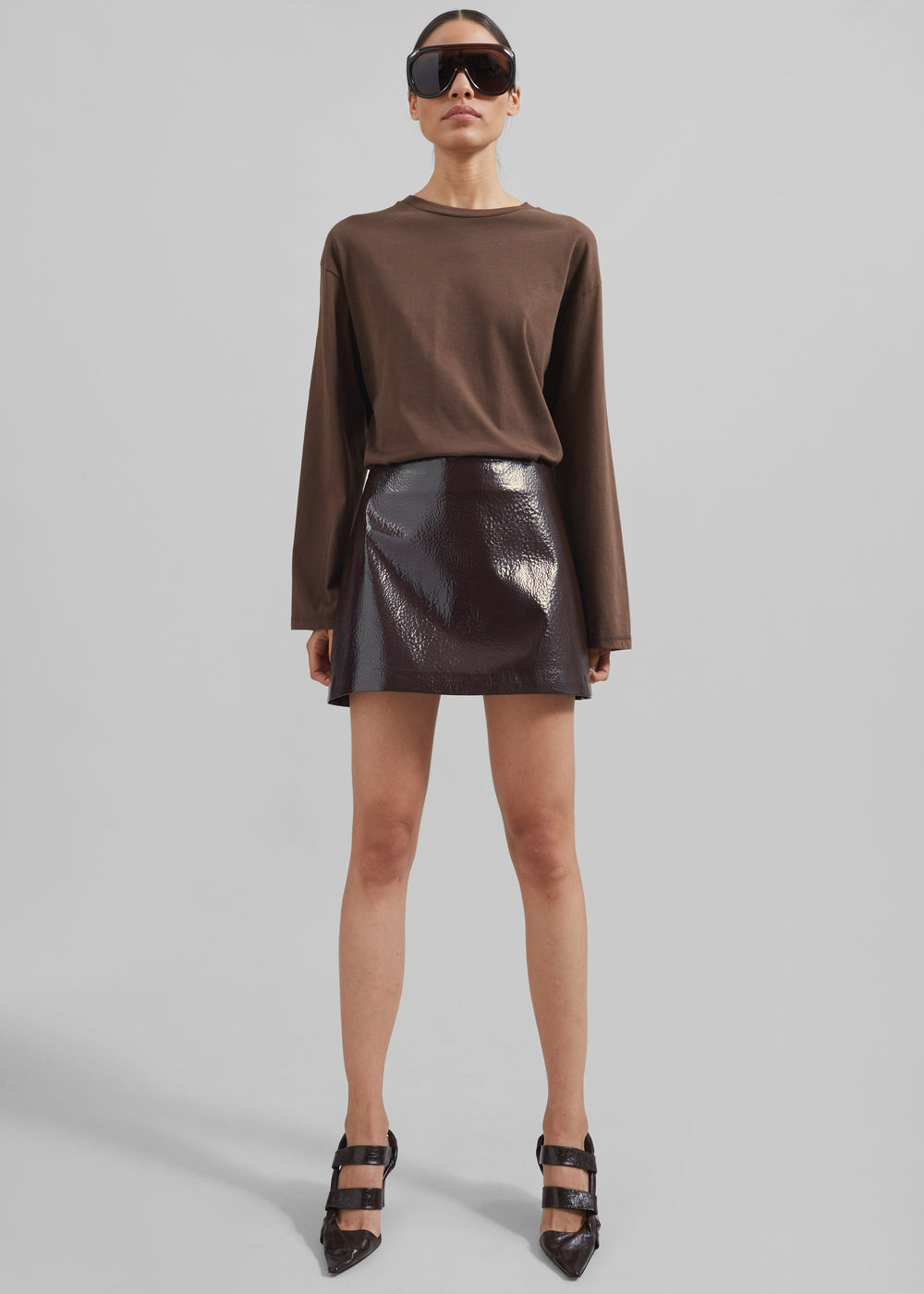 Mary Crackled Faux Leather Mini Skirt - Brown