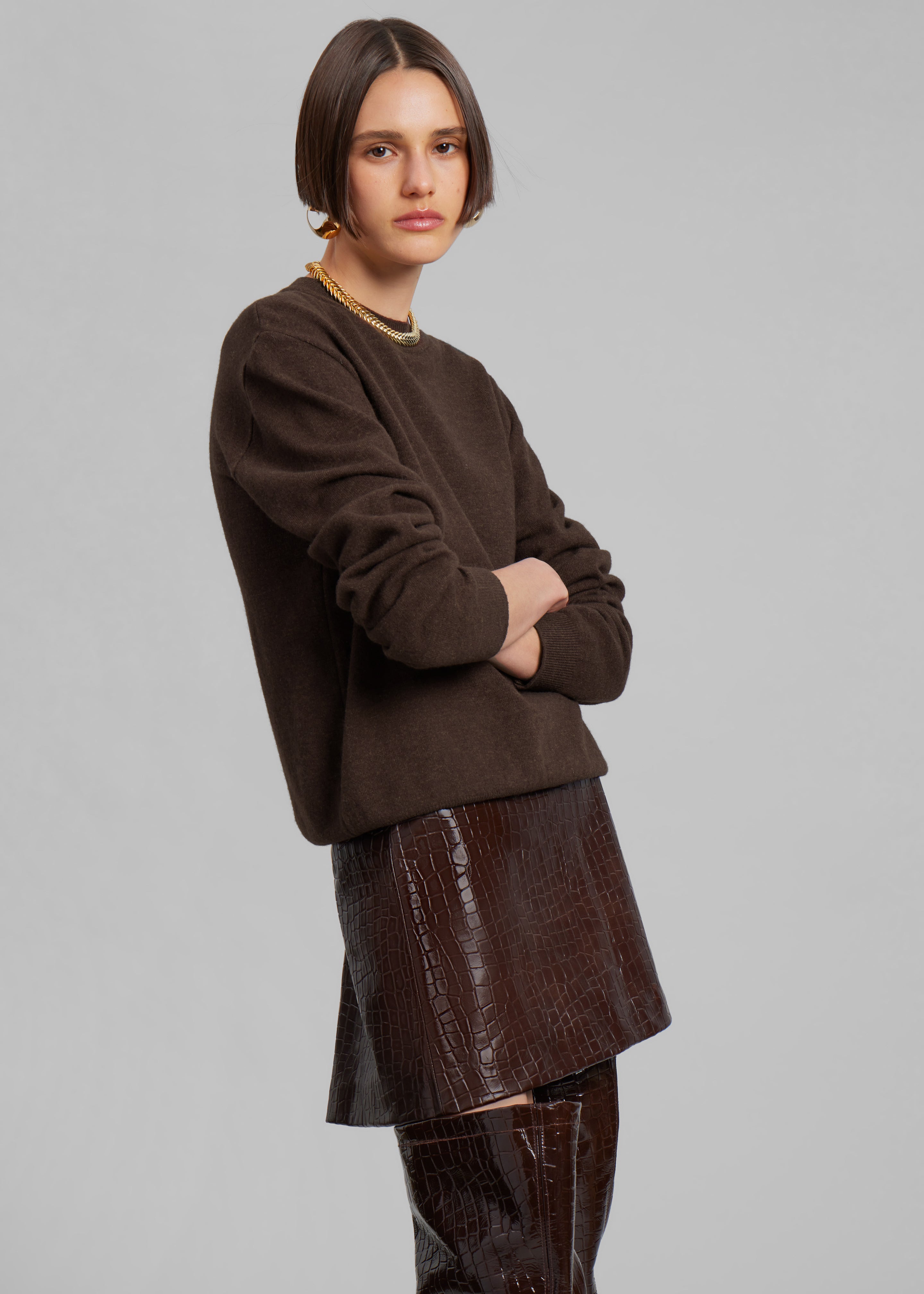 Mary Croc-Effect Mini Skirt - Brown - 4