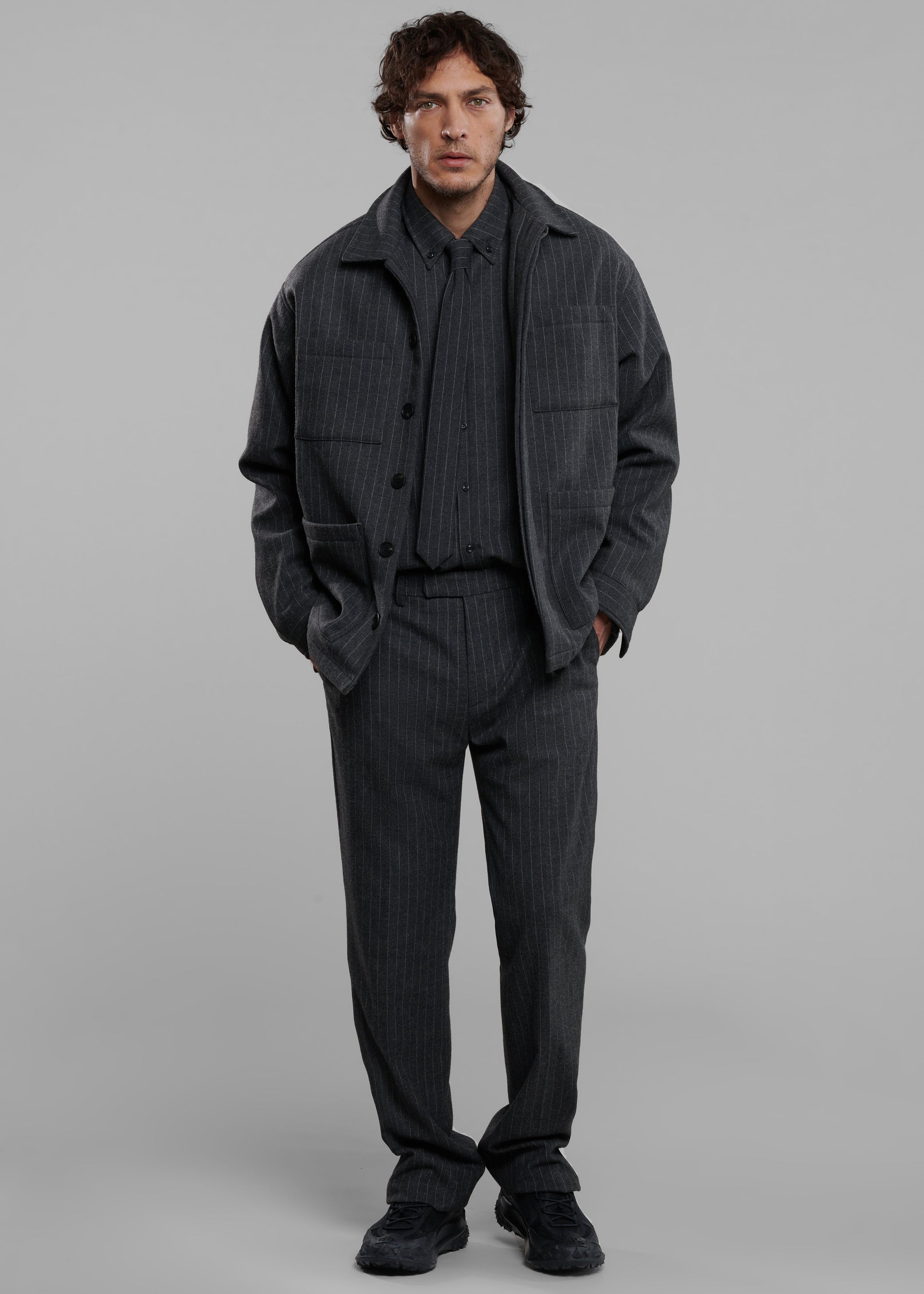 Shop the look image for Mason Boxy Wool Jacket - Dark Grey/White Pinstripe