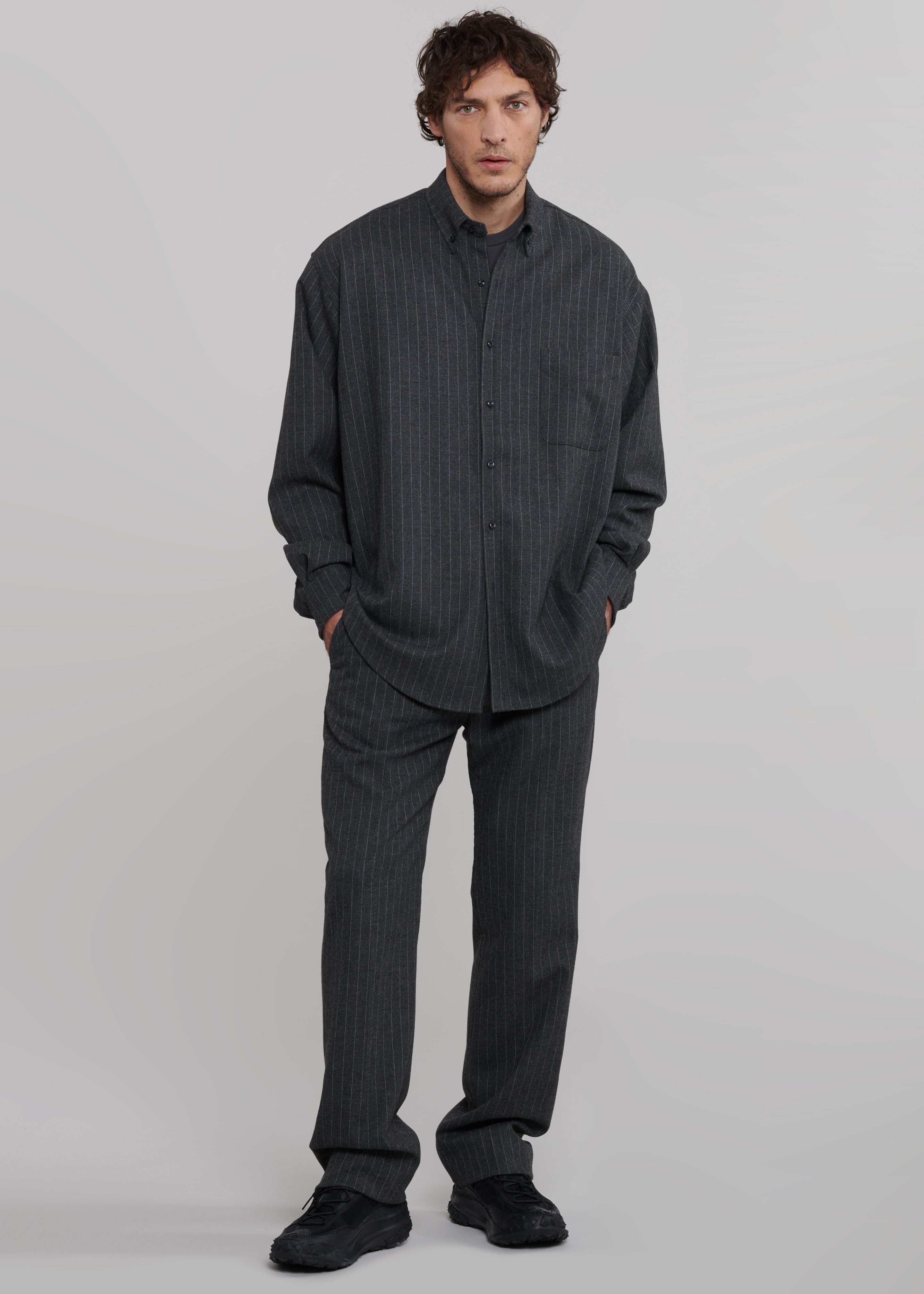 Mason Wool Button Up Shirt - Dark Grey/White Pinstripe - 4