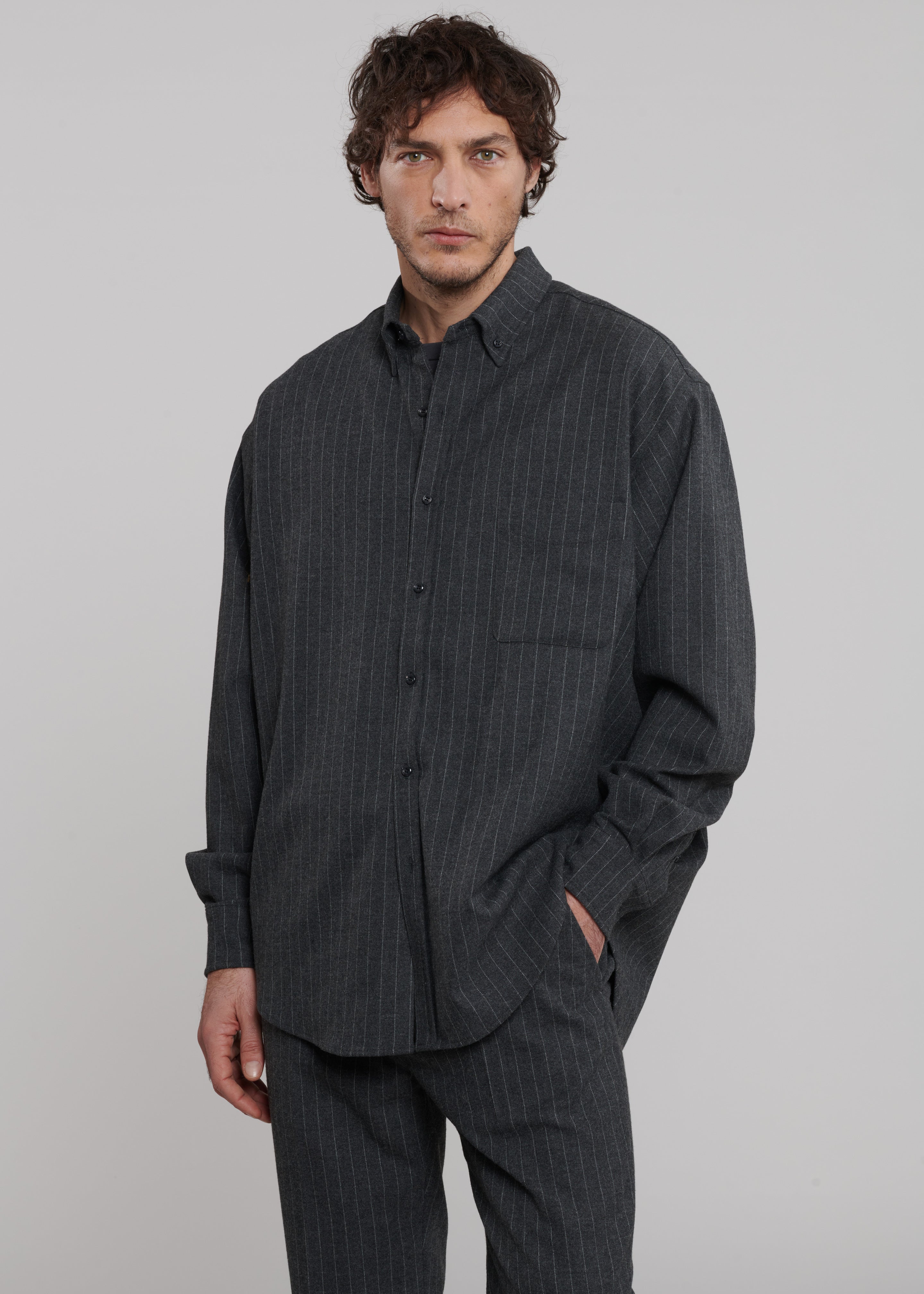 Mason Wool Button Up Shirt - Dark Grey/White Pinstripe - 1