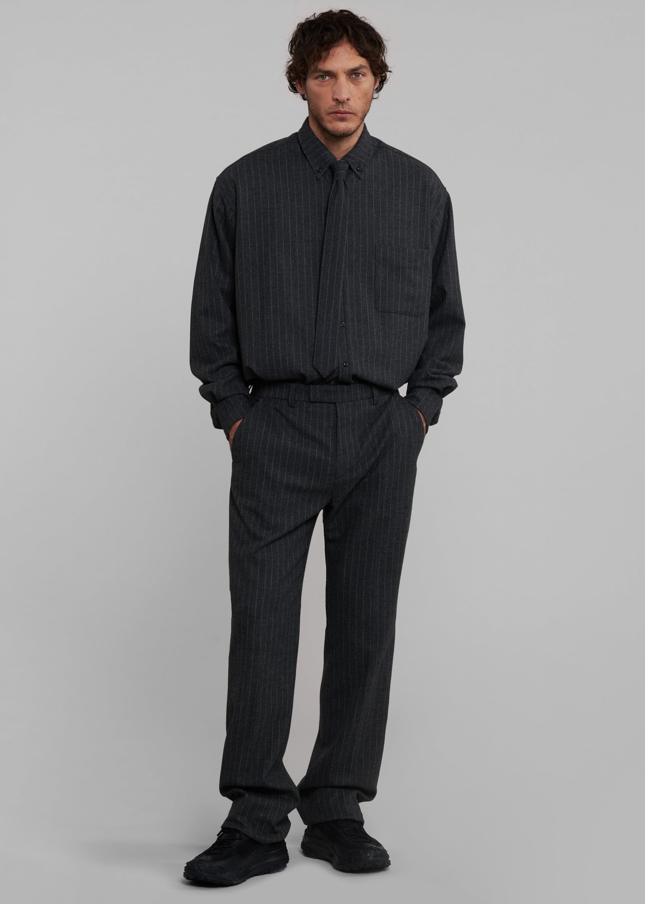 Shop the look image for Mason Wool Button Up Shirt - Dark Grey/White Pinstripe