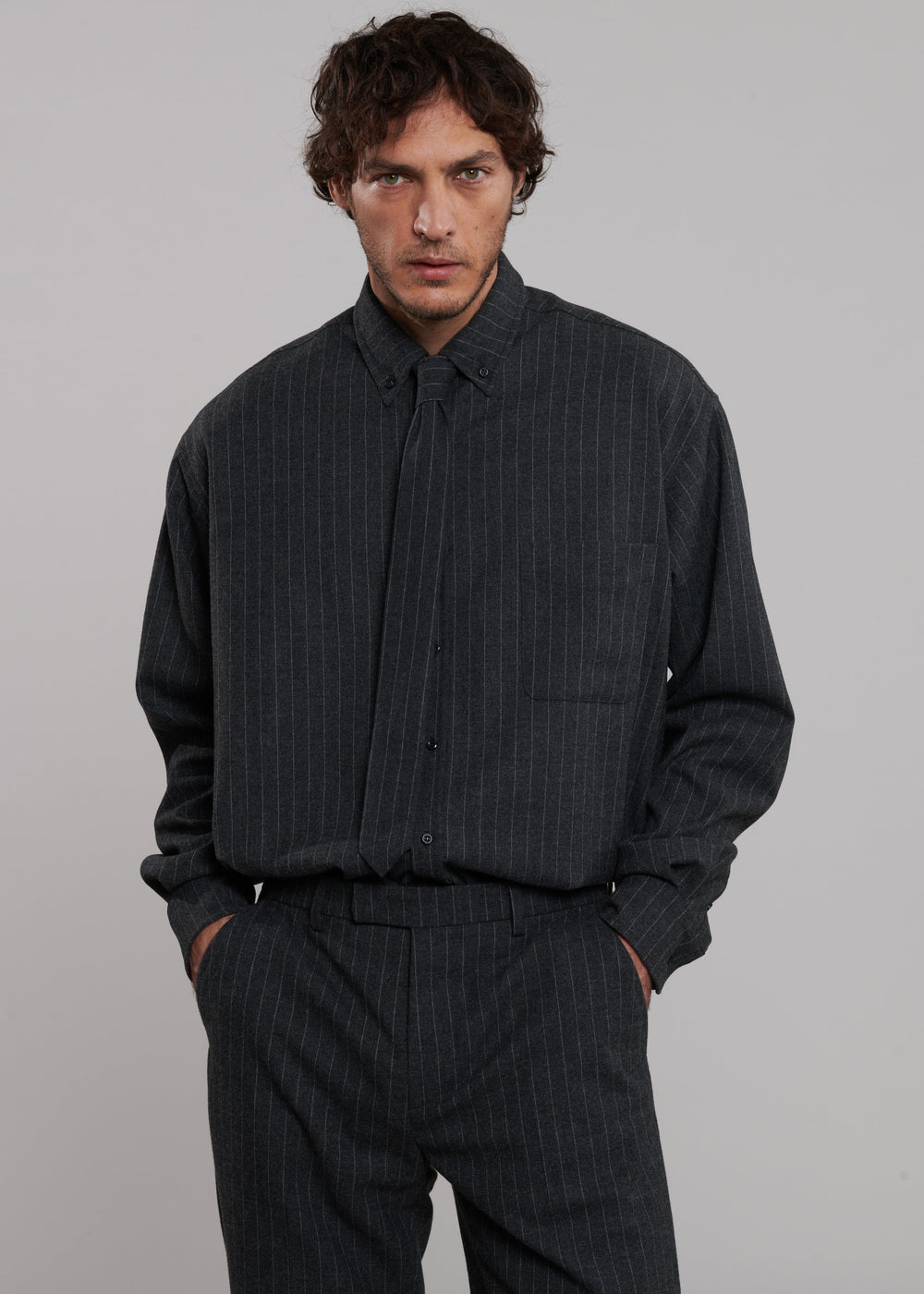 Mason Wool Button Up Shirt - Dark Grey/White Pinstripe - 1