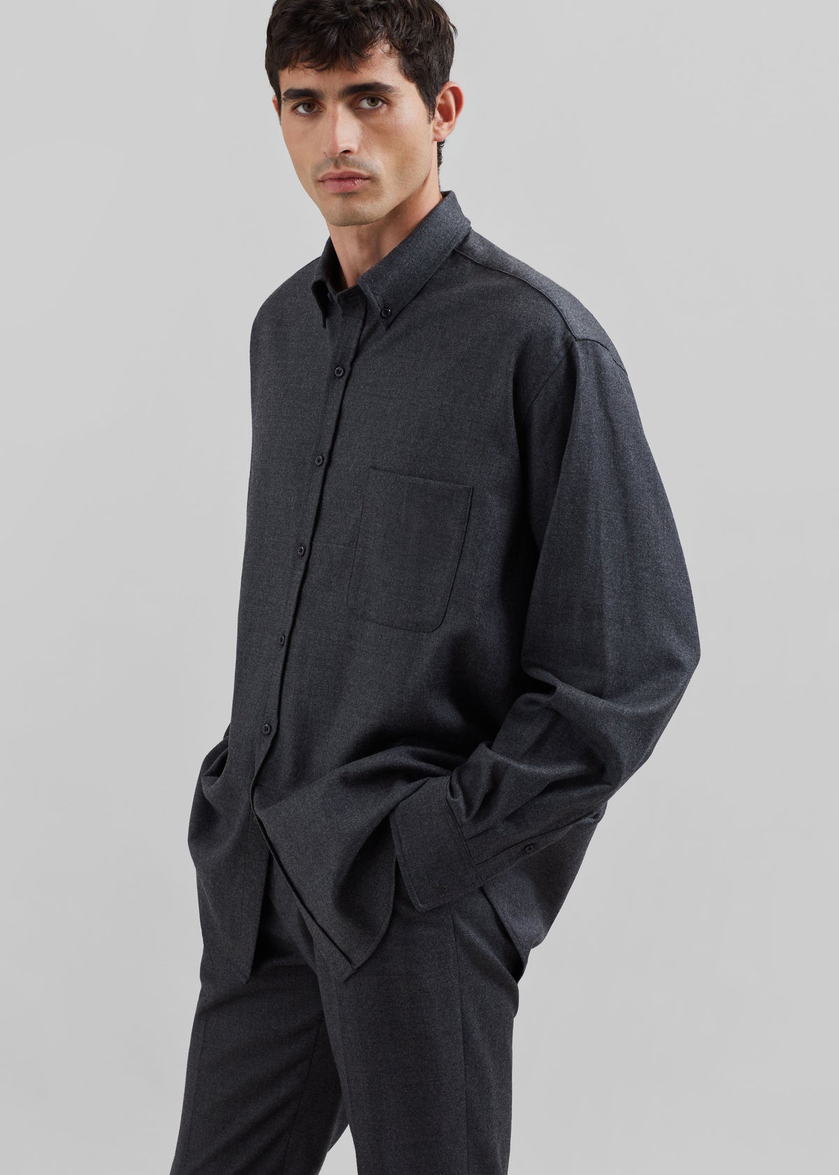 Mason Wool Flannel Button Up Shirt - Charcoal - 3