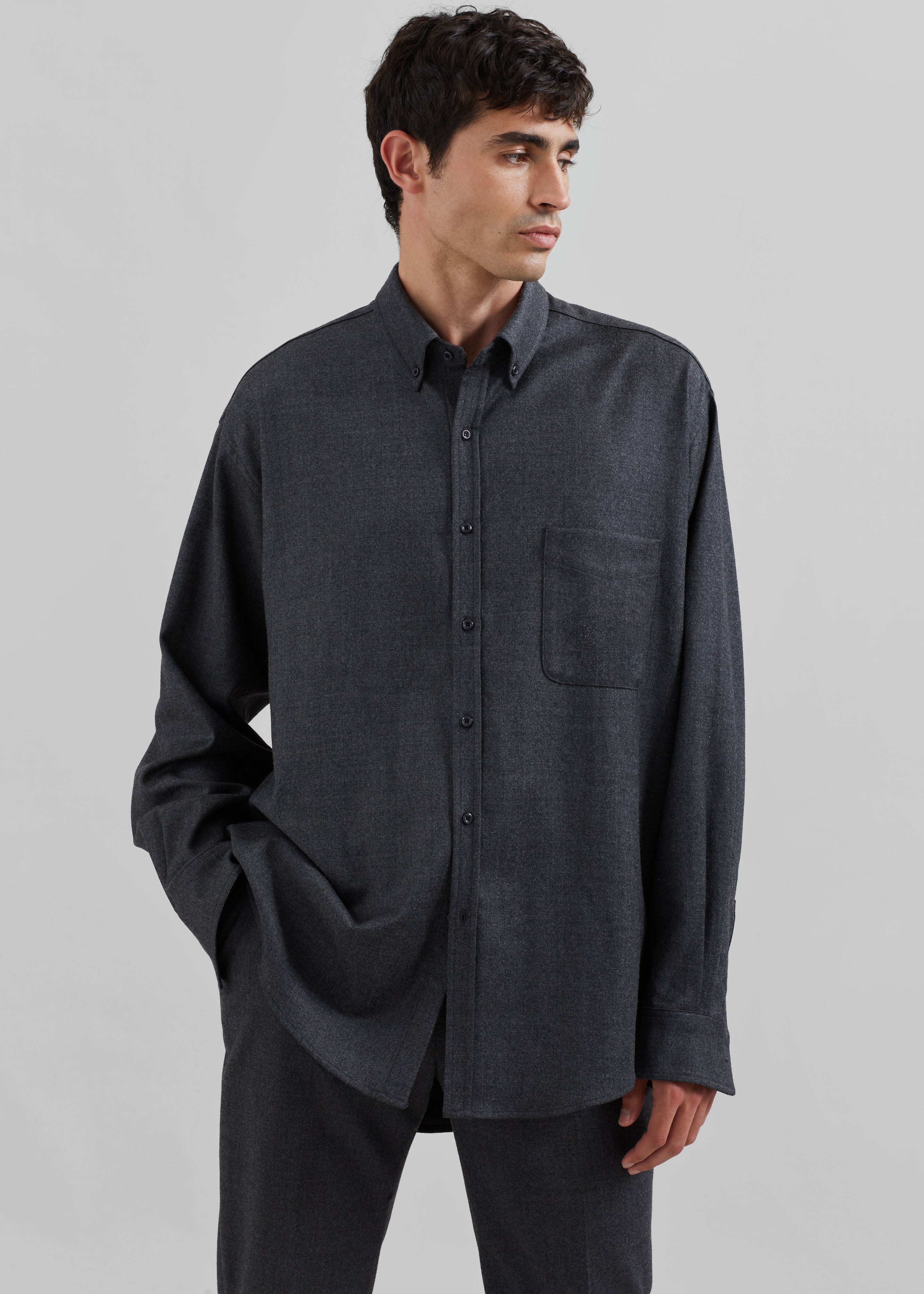 Mason Wool Flannel Button Up Shirt - Charcoal - 7