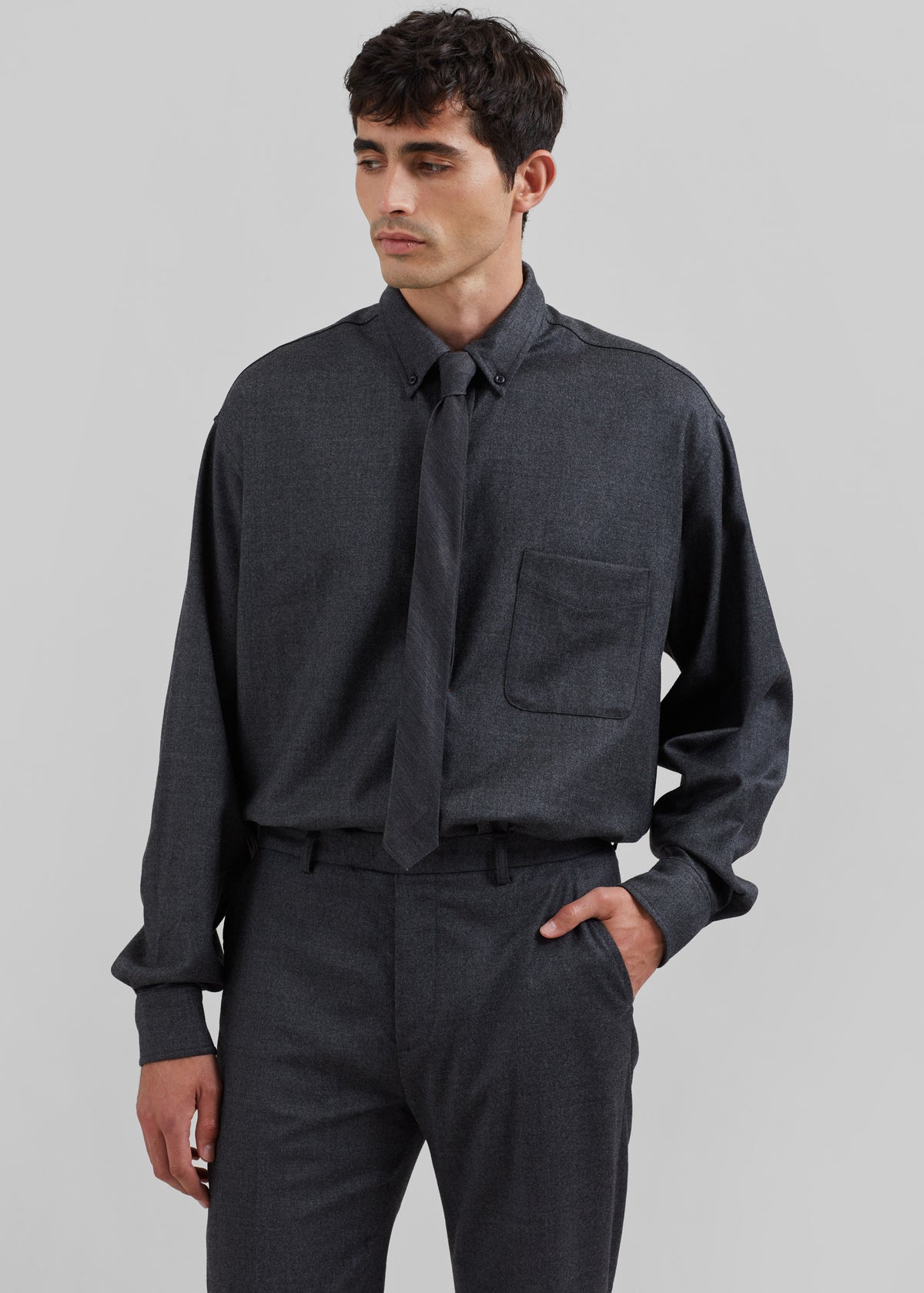 Mason Wool Flannel Button Up Shirt - Charcoal - 5