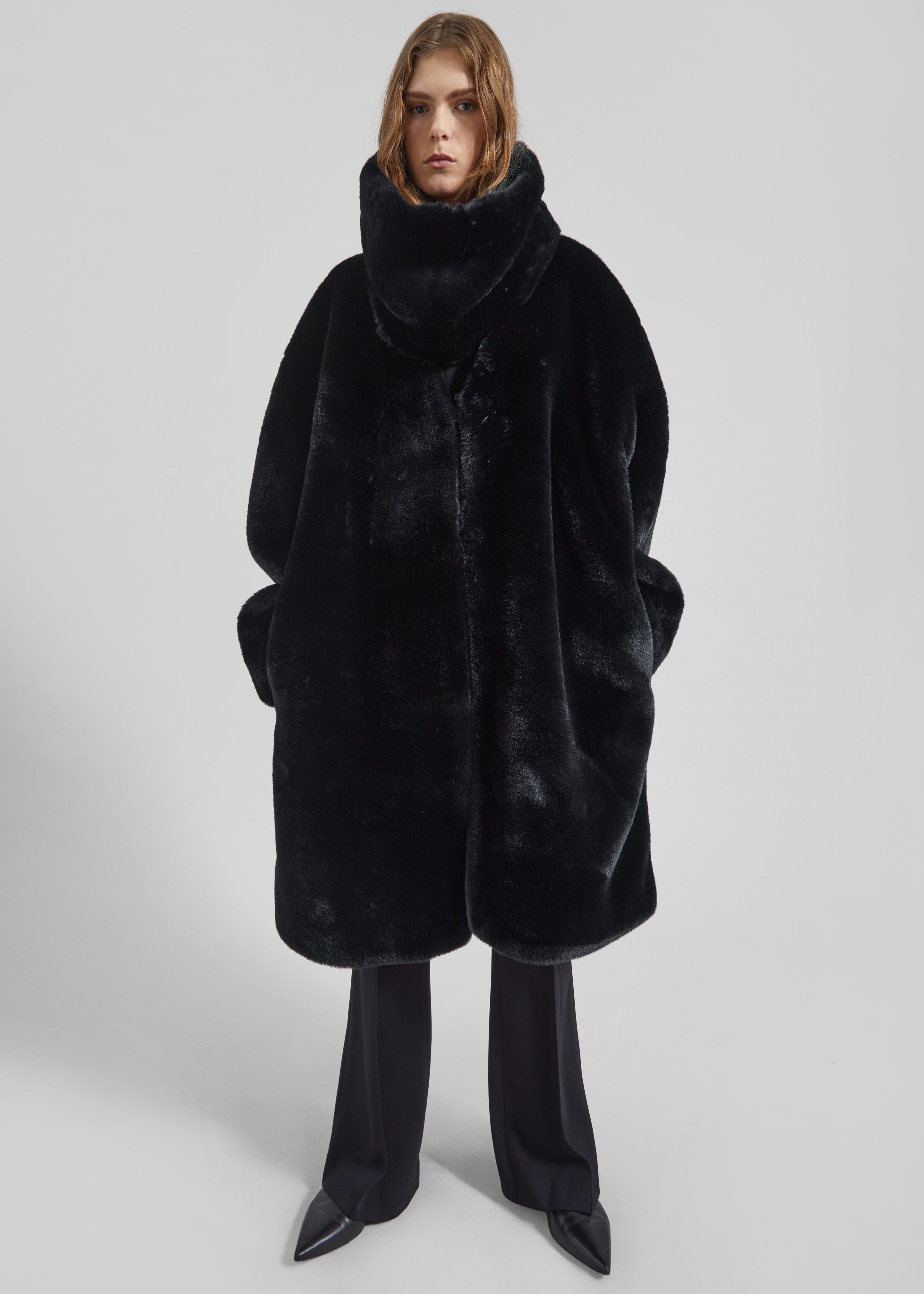 Matera Collarless Faux Fur Coat - Black - 7