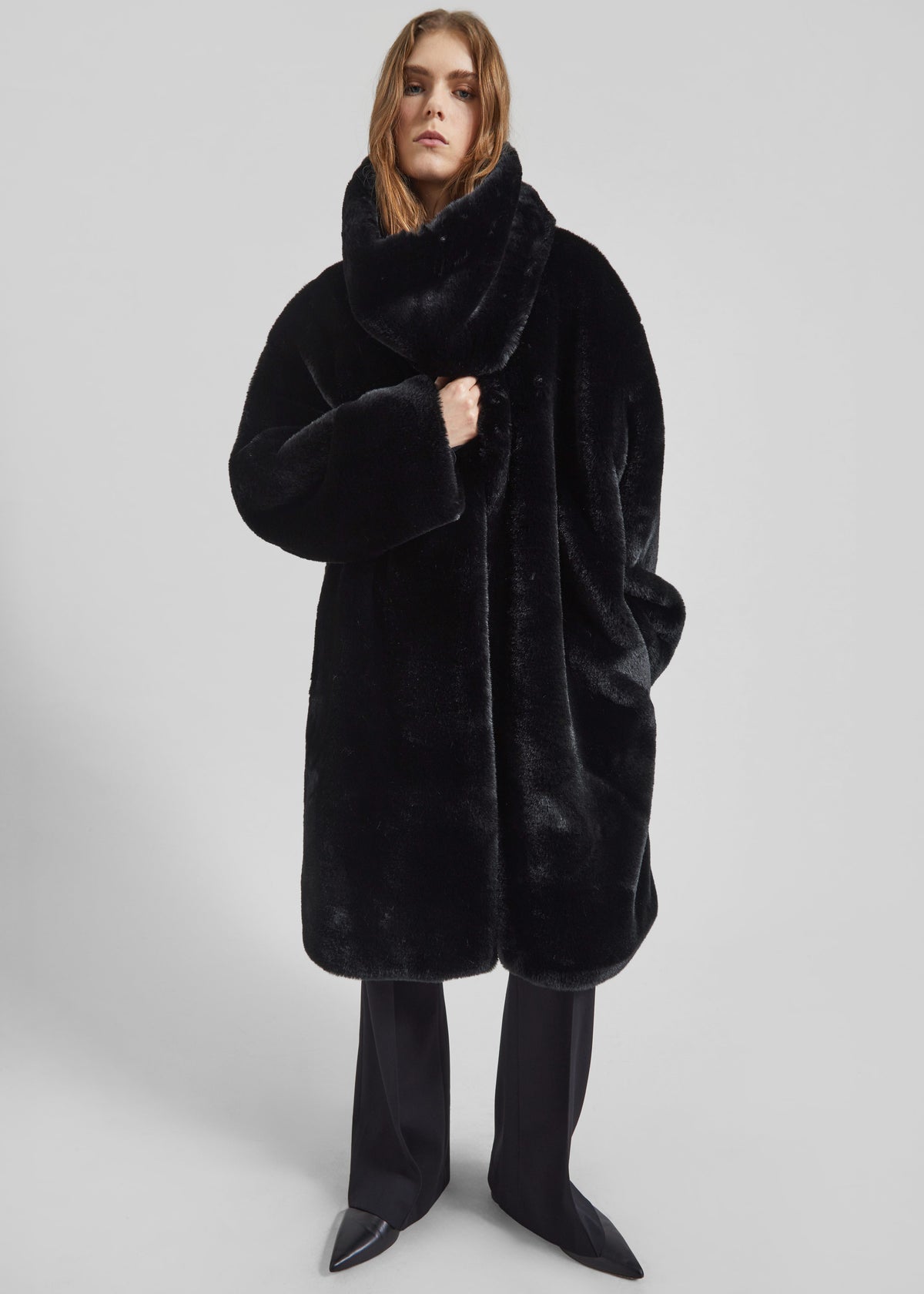 Matera Collarless Faux Fur Coat - Black - 2