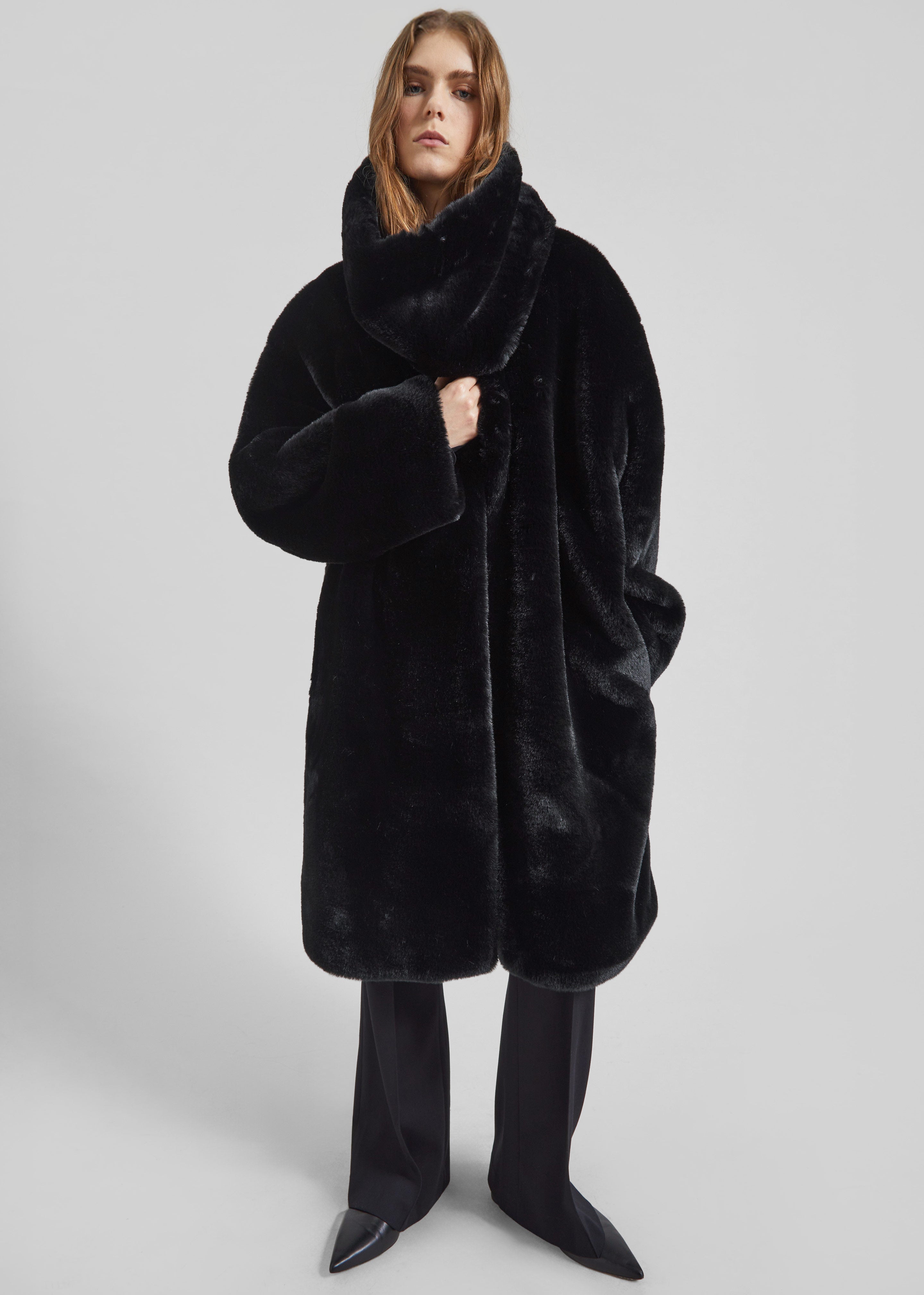 Matera Collarless Faux Fur Coat - Black - 2