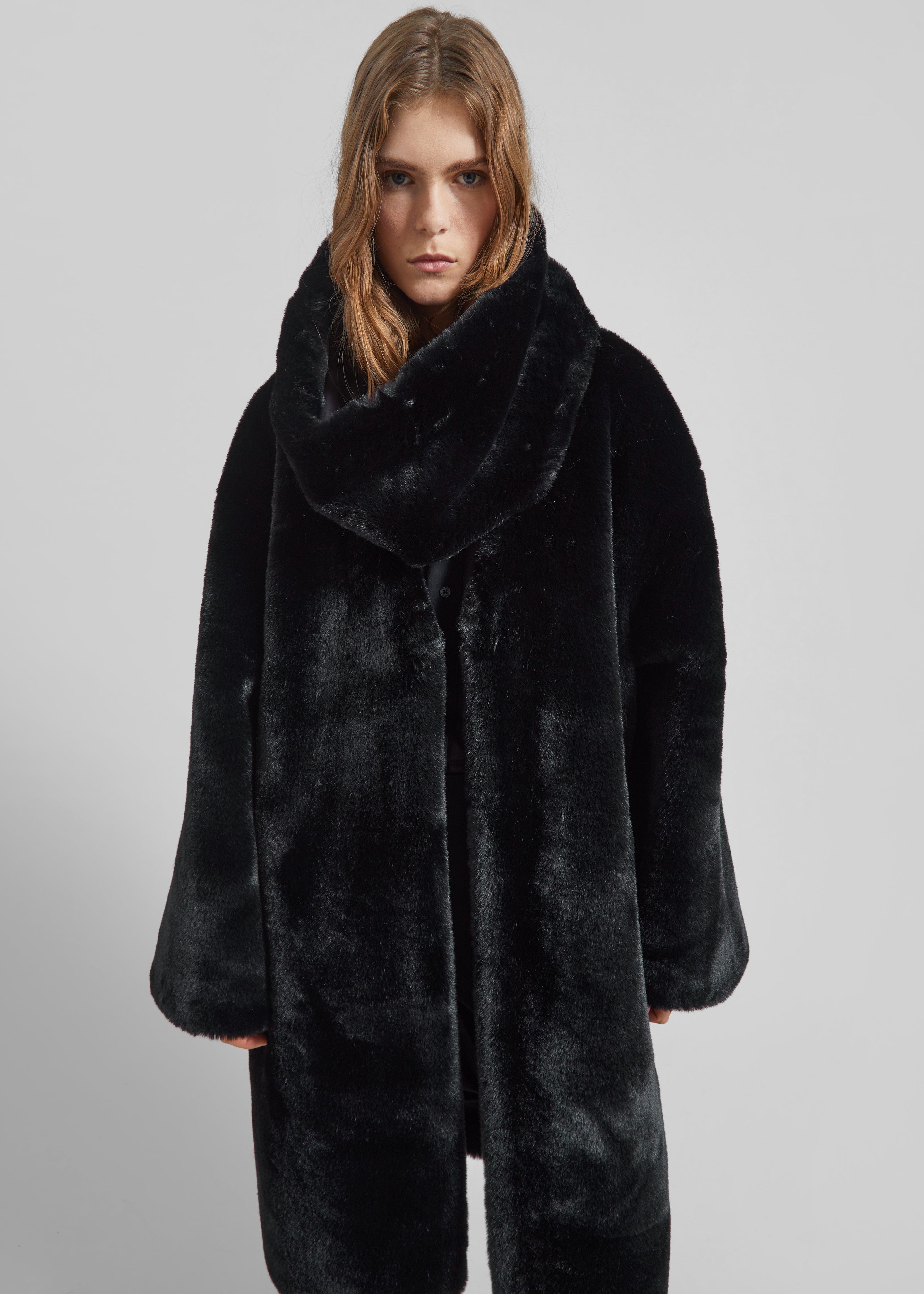 Matera Collarless Faux Fur Coat - Black - 6