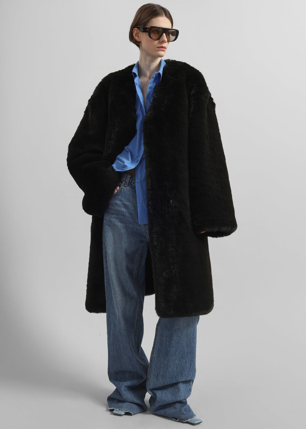 Matera Collarless Faux Fur Coat - Black