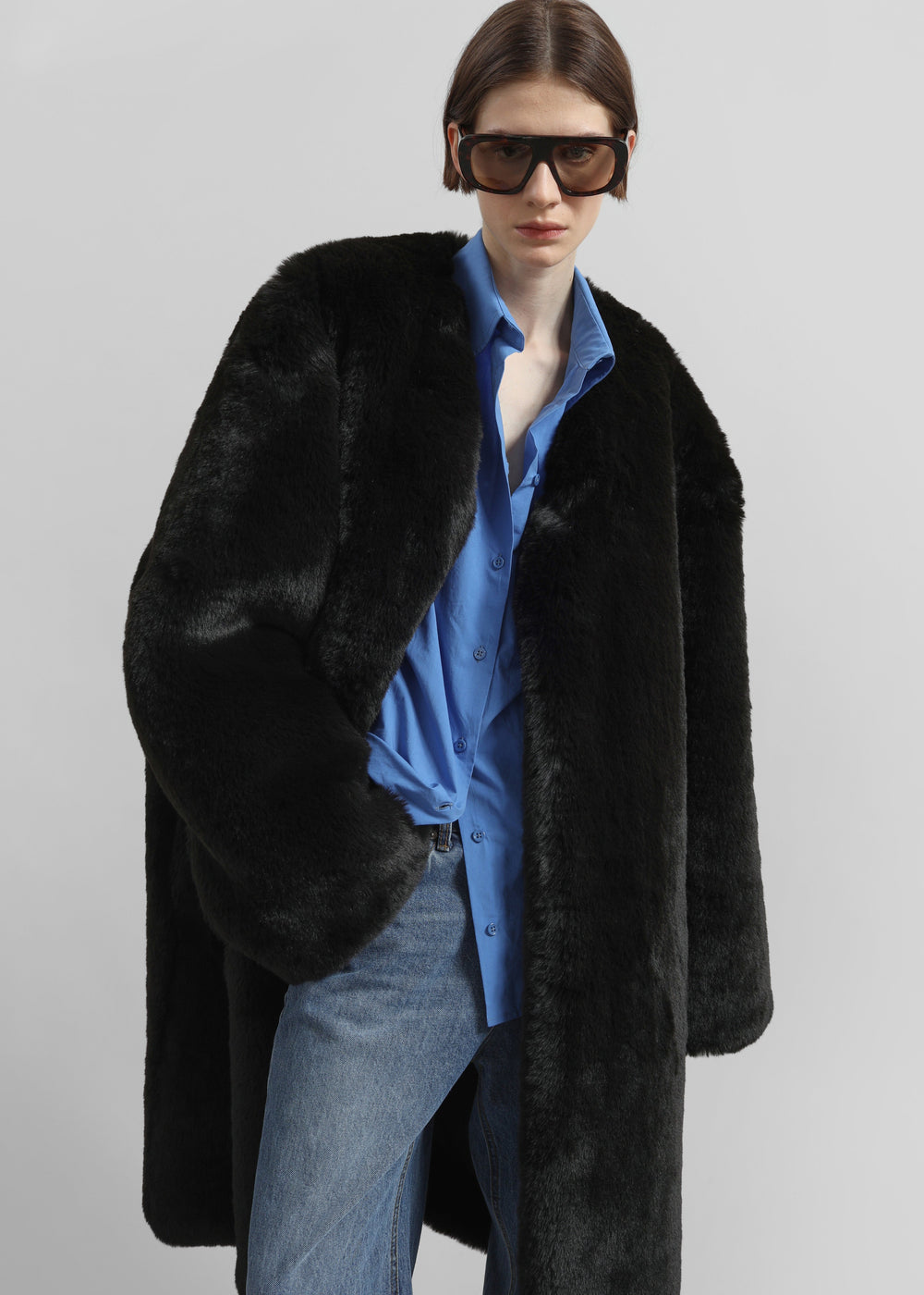 Matera Collarless Faux Fur Coat - Black - 1