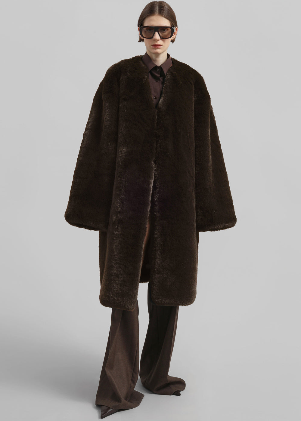 Matera Collarless Faux Fur Coat - Brown