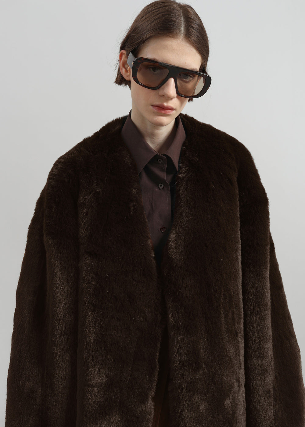 Matera Collarless Faux Fur Coat - Brown - 1