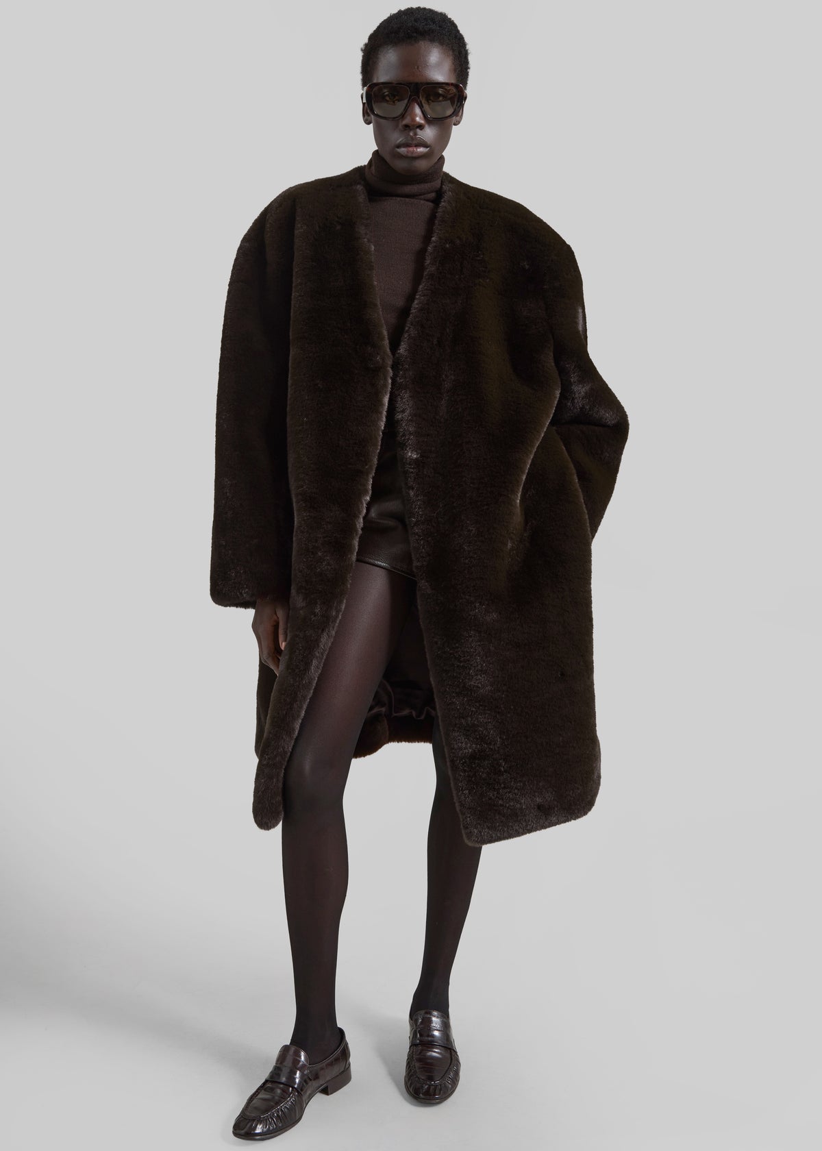 Matera Collarless Faux Fur Coat - Brown - 3