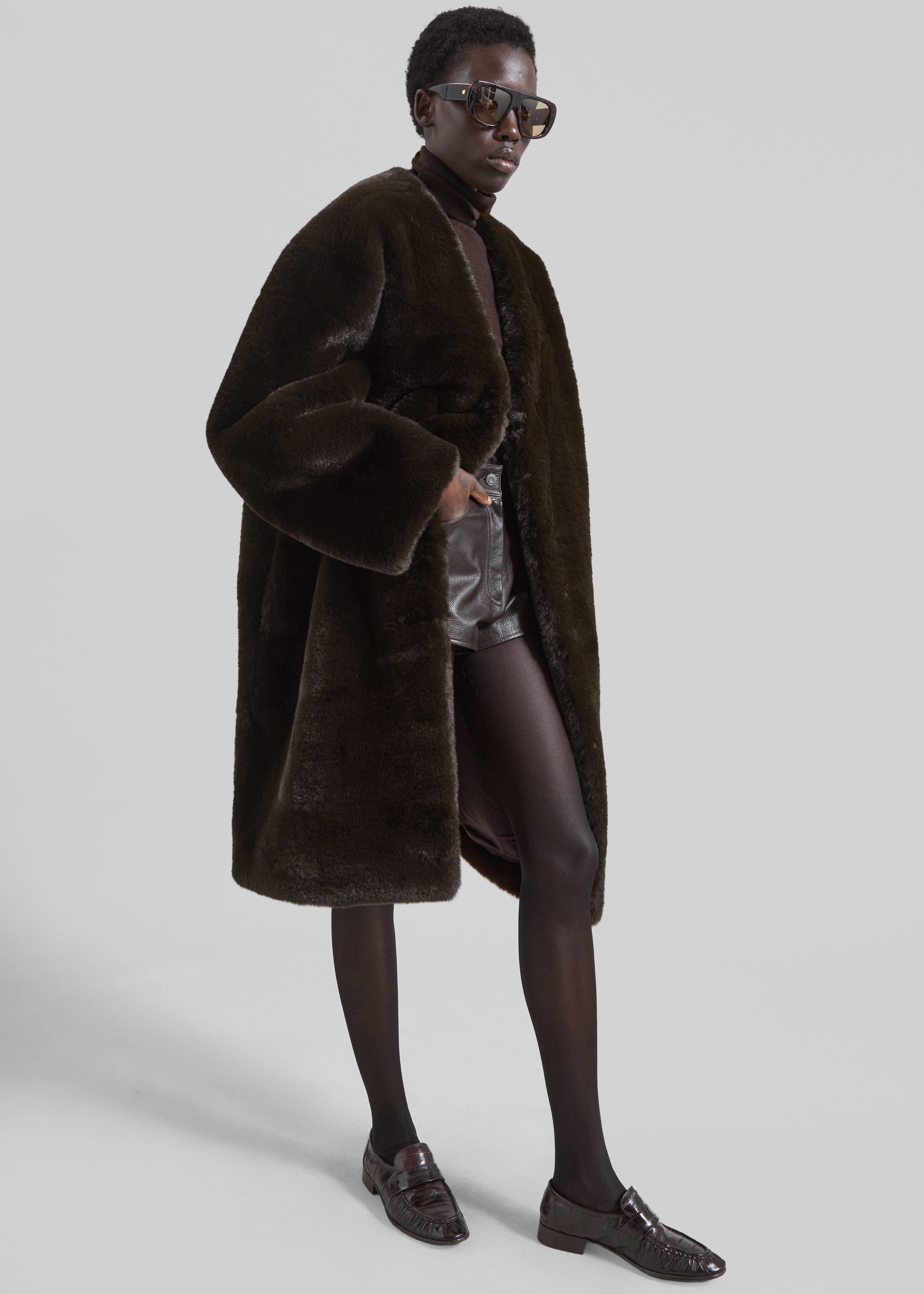 Matera Collarless Faux Fur Coat - Brown - 6