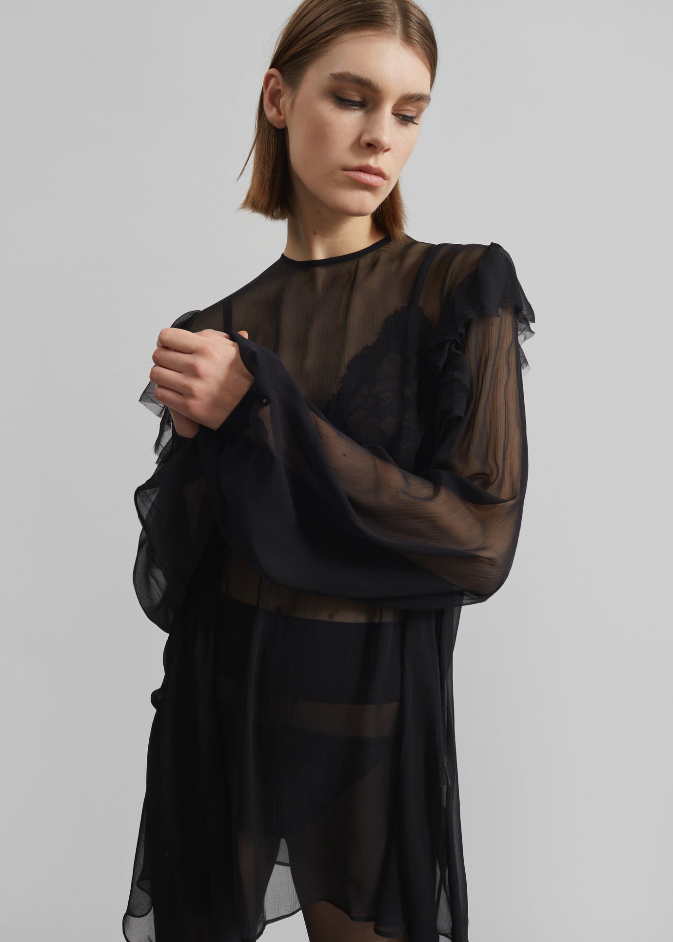 Matin Ruffle Shoulder Silk Top - Black - 1