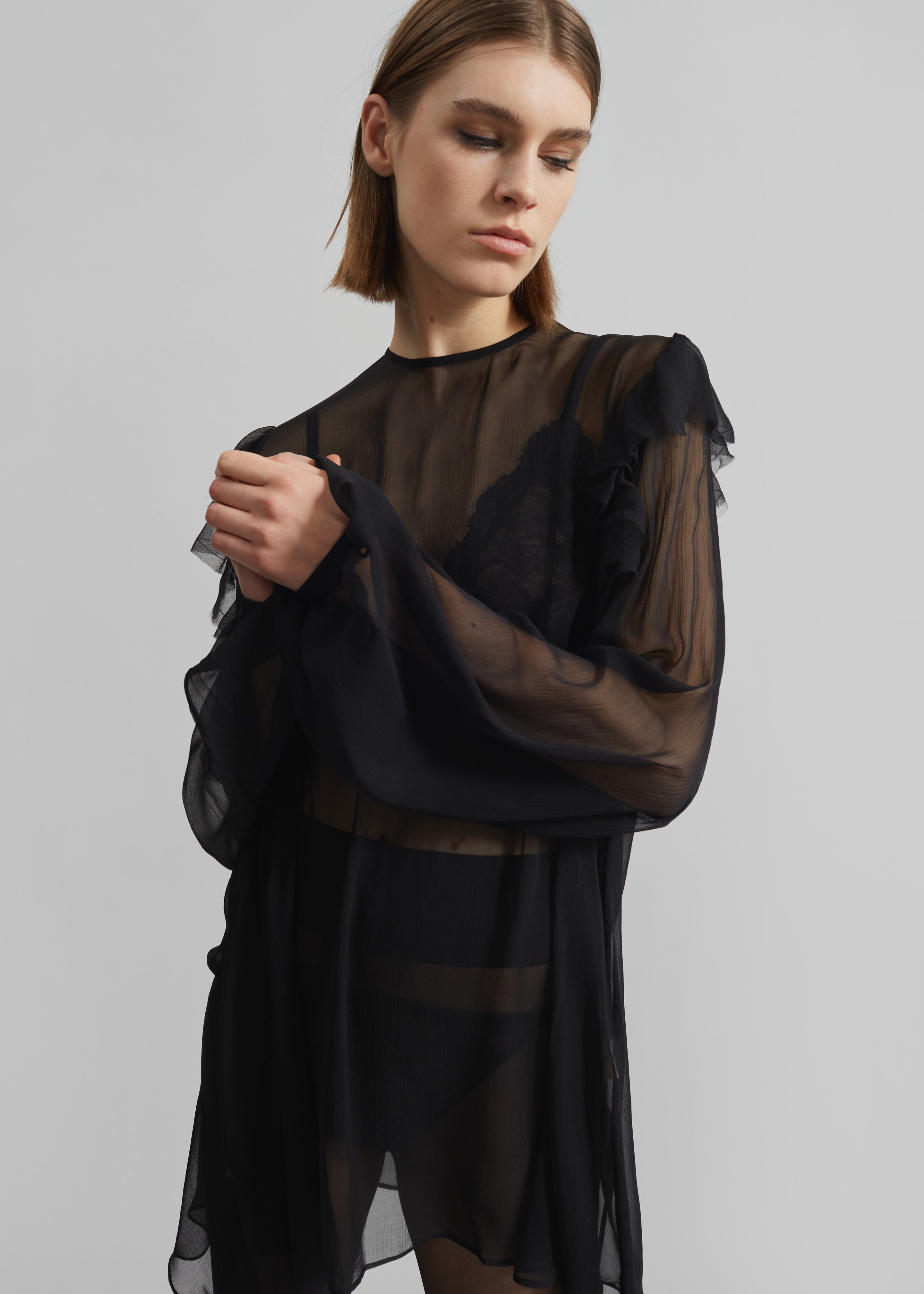 Matin Ruffle Shoulder Silk Top - Black - 2