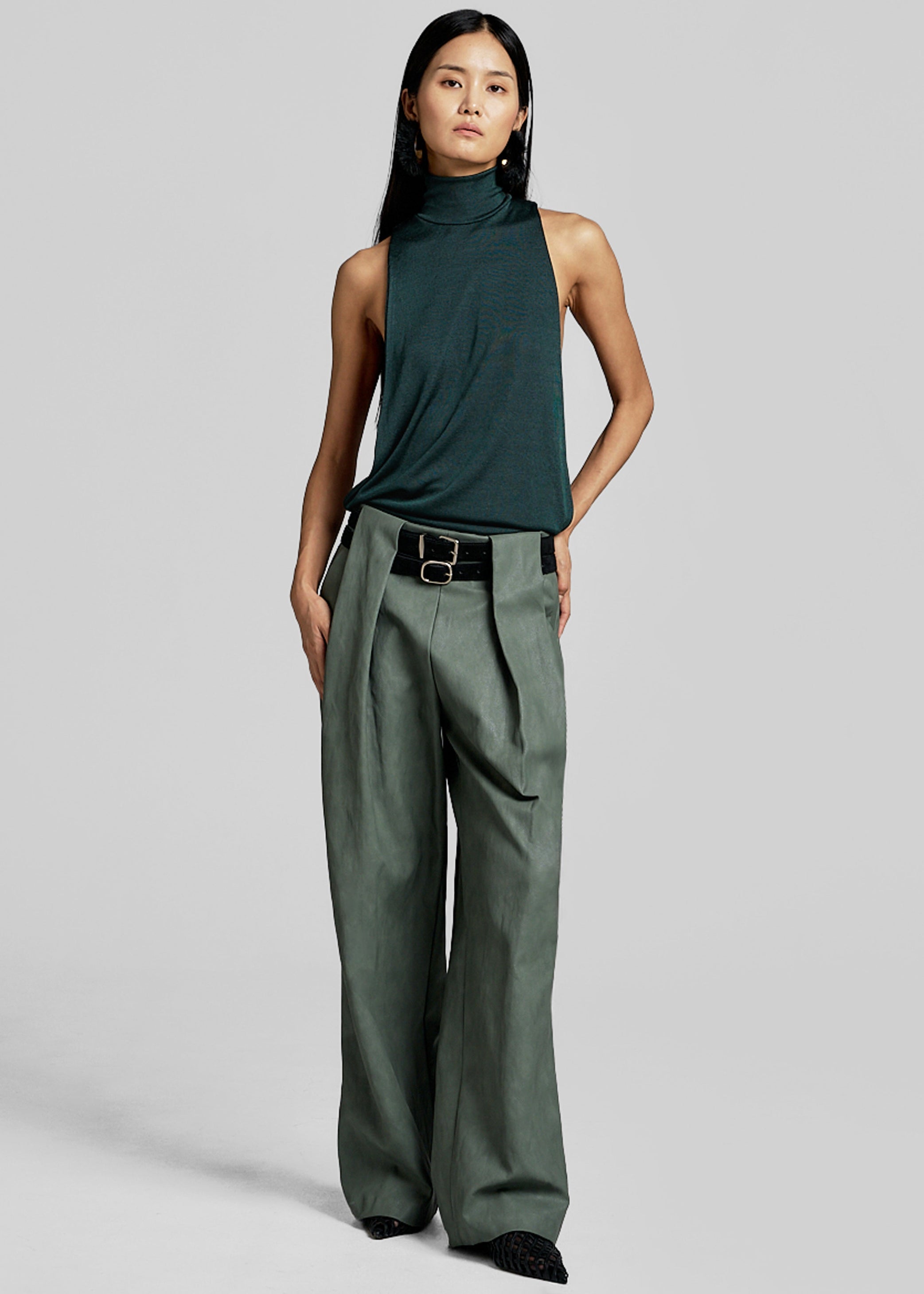 Shop the look image for Olivet Faux Leather Trousers - Moss Green