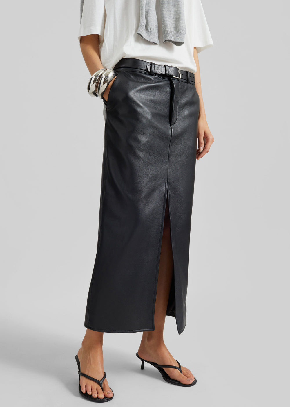 Maybelle Faux Leather Front Slit Pencil Skirt - Black - 1