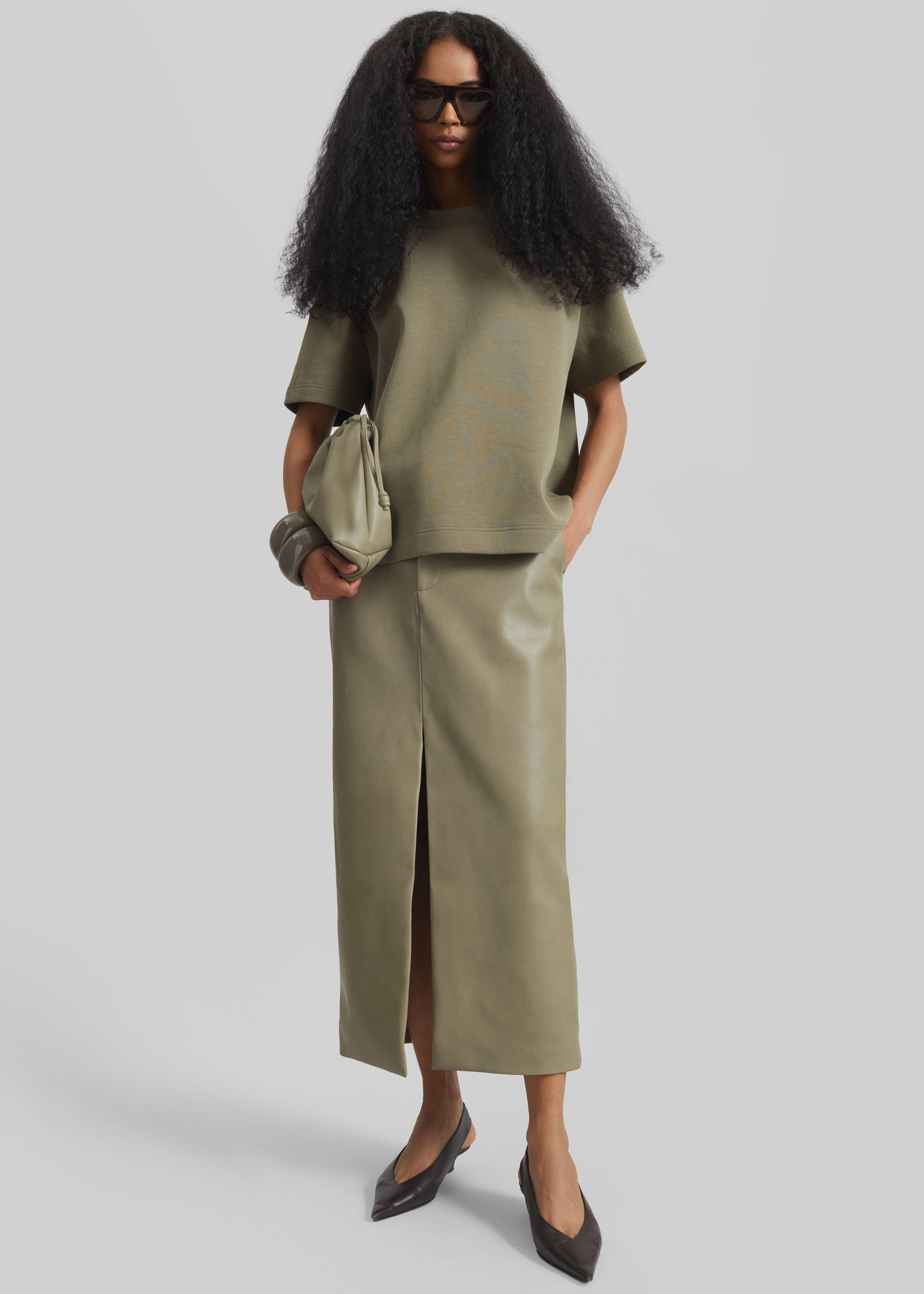 Shop the look image for Maybelle Faux Leather Front Slit Pencil Skirt - Sage