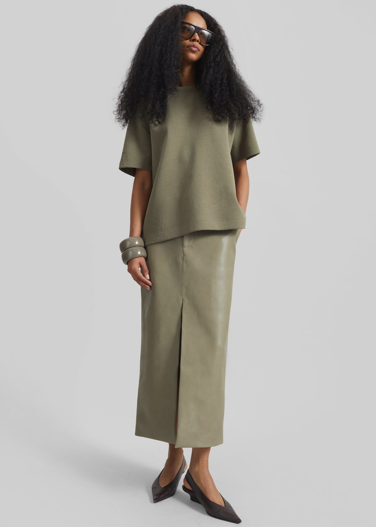 Maybelle Faux Leather Front Slit Pencil Skirt - Sage - 4