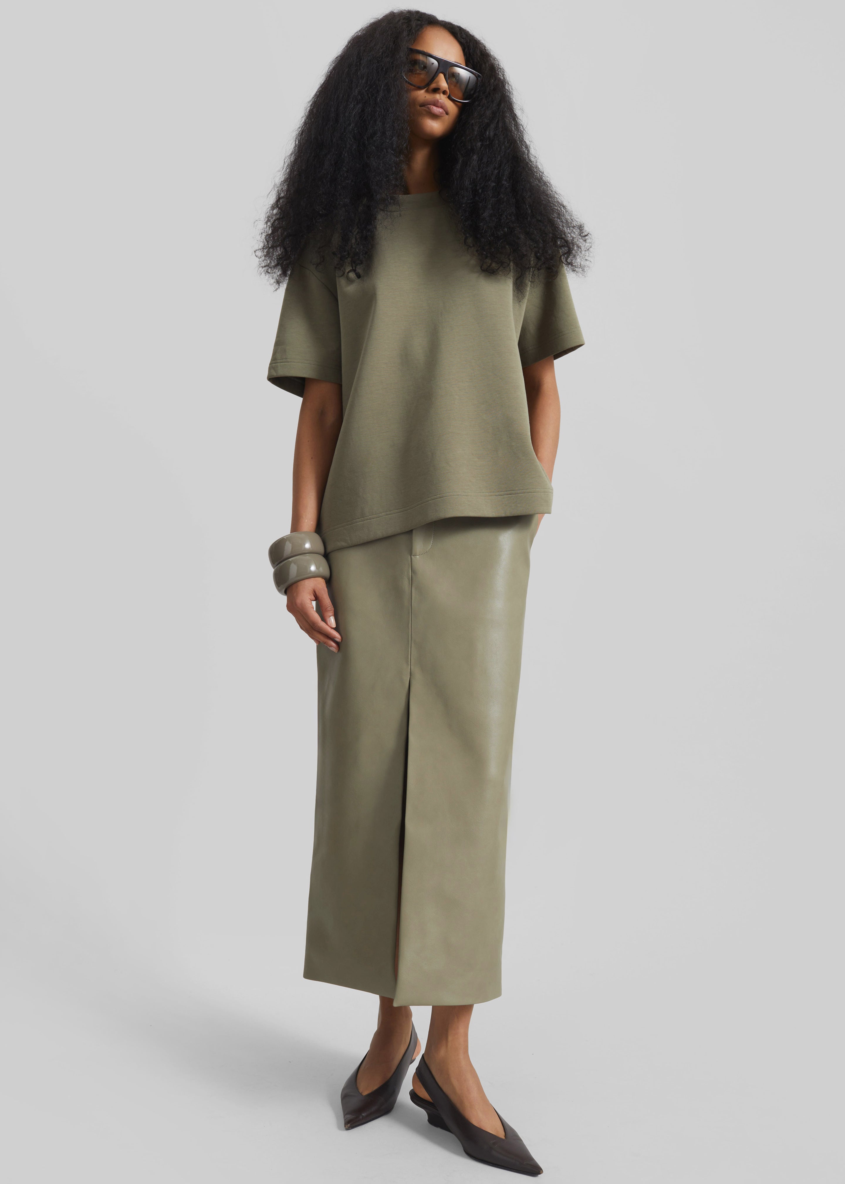 Maybelle Faux Leather Front Slit Pencil Skirt - Sage - 4