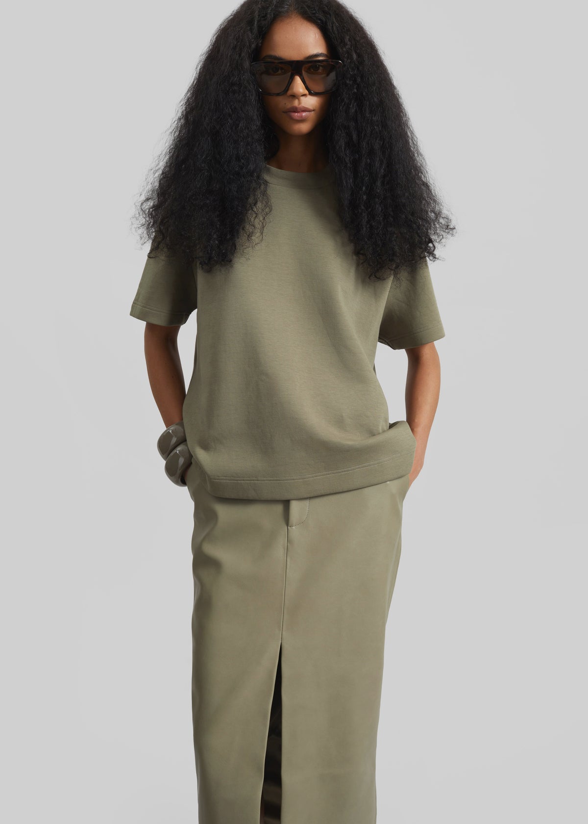 Maybelle Faux Leather Front Slit Pencil Skirt - Sage - 5