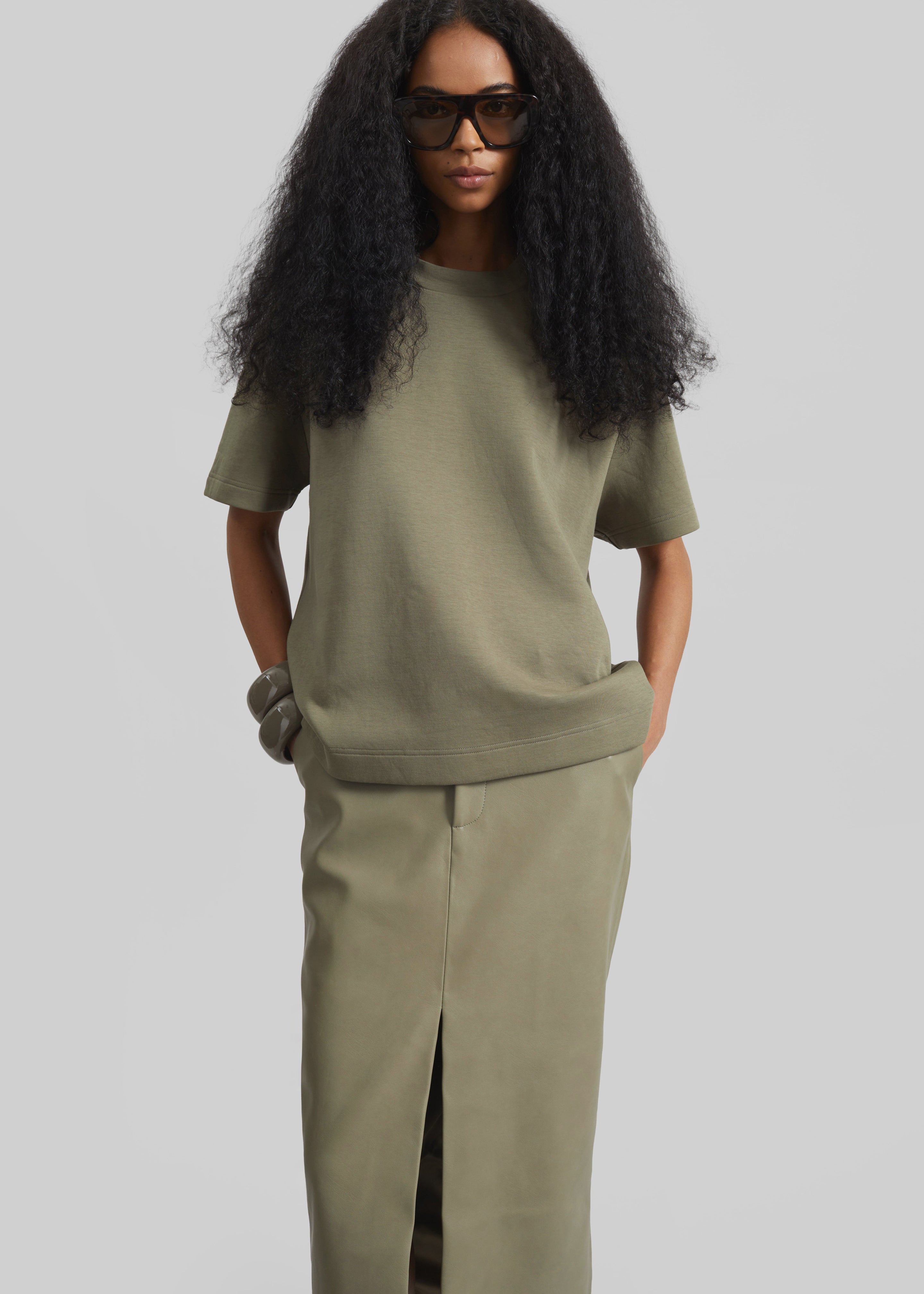 Maybelle Faux Leather Front Slit Pencil Skirt - Sage - 5