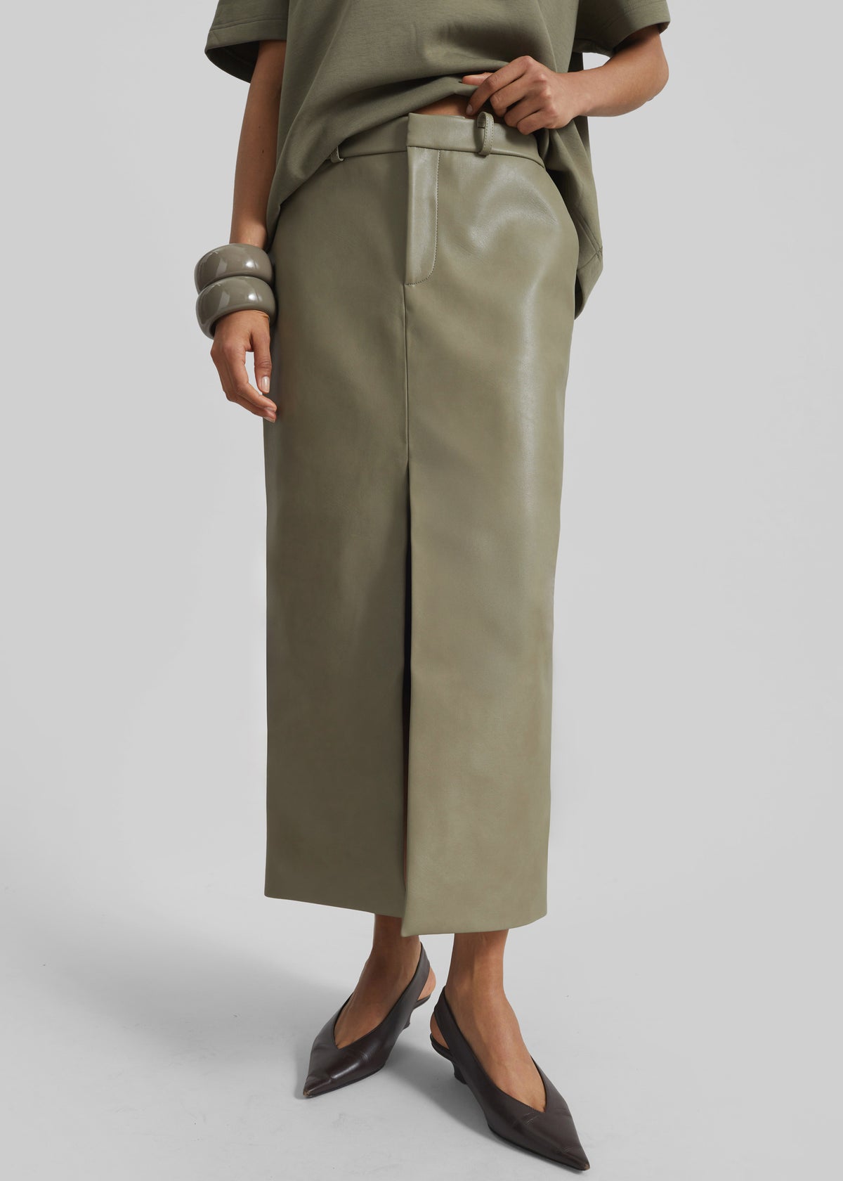 Maybelle Faux Leather Front Slit Pencil Skirt - Sage - 2