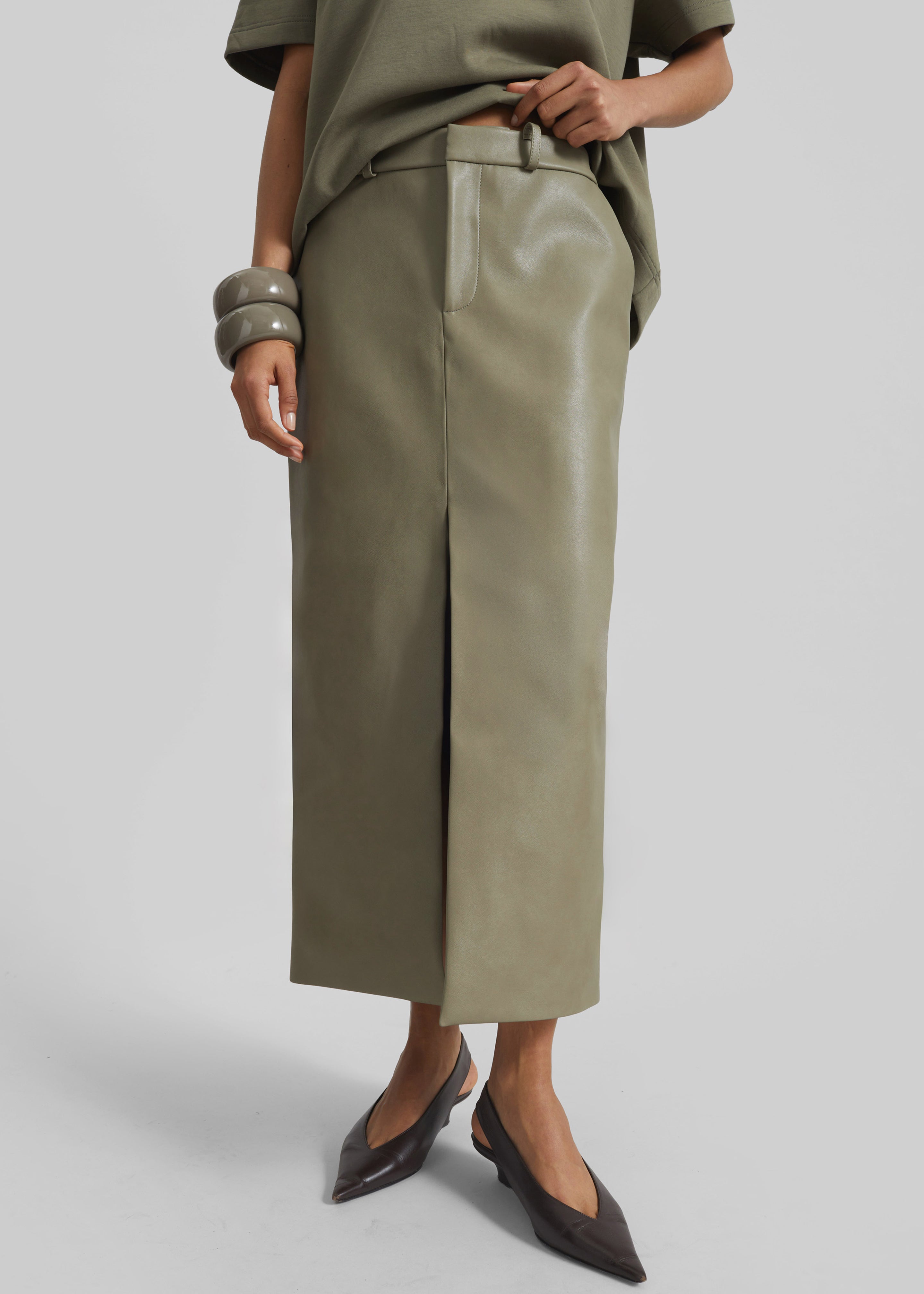 Maybelle Faux Leather Front Slit Pencil Skirt - Sage - 2