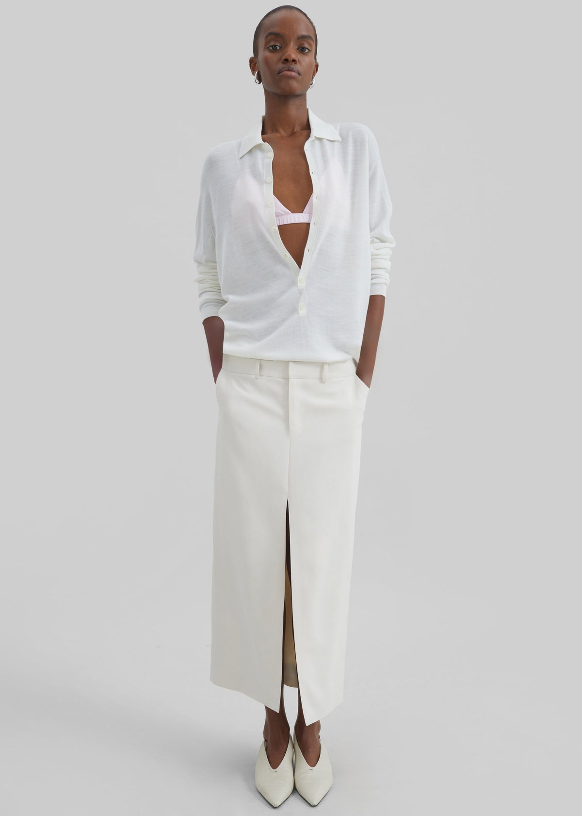 Maybelle Front Slit Midi Skirt - Off White - 3