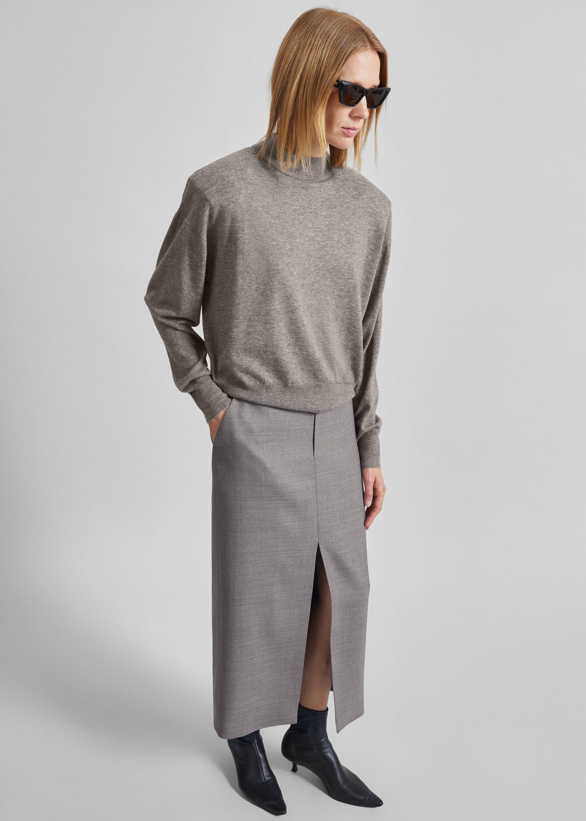 Maybelle Wool Front Slit Pencil Skirt - Light Taupe Melange