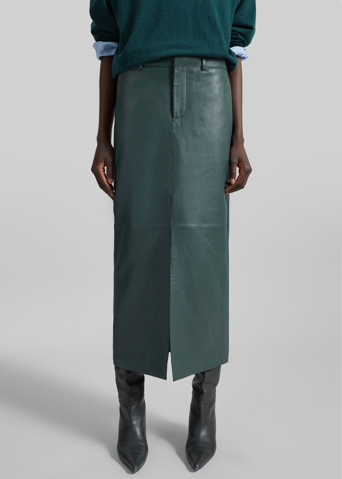 Maybelle Leather Front Slit Pencil Skirt - Bottle Green